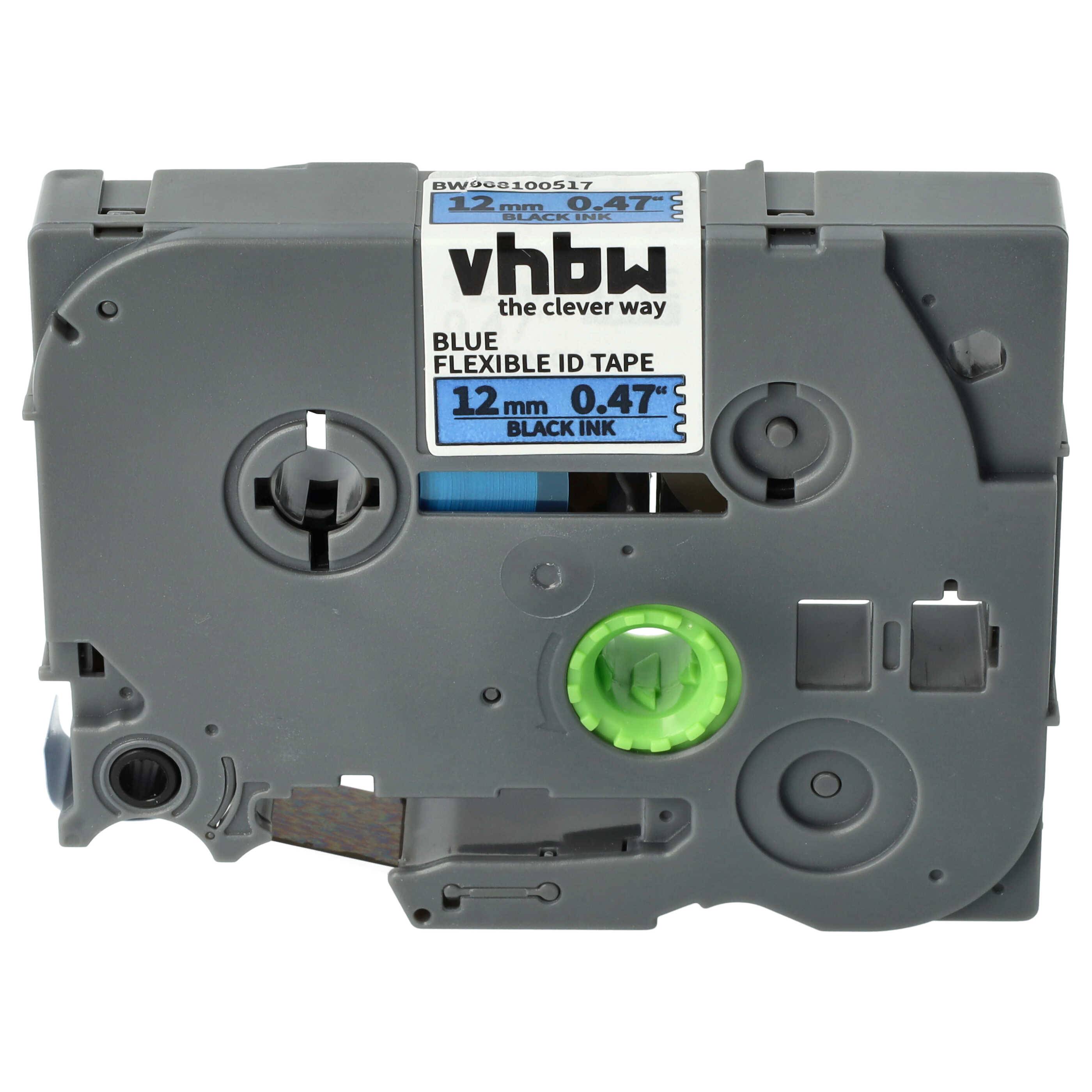 vhbw Schriftband-Kassette kompatibel mit Brother PT 1290VP, 1300, 1400, 1500pc Etiketten-Drucker 8m x 12mm Schwarz auf Blau, Flexibel, Laminiert