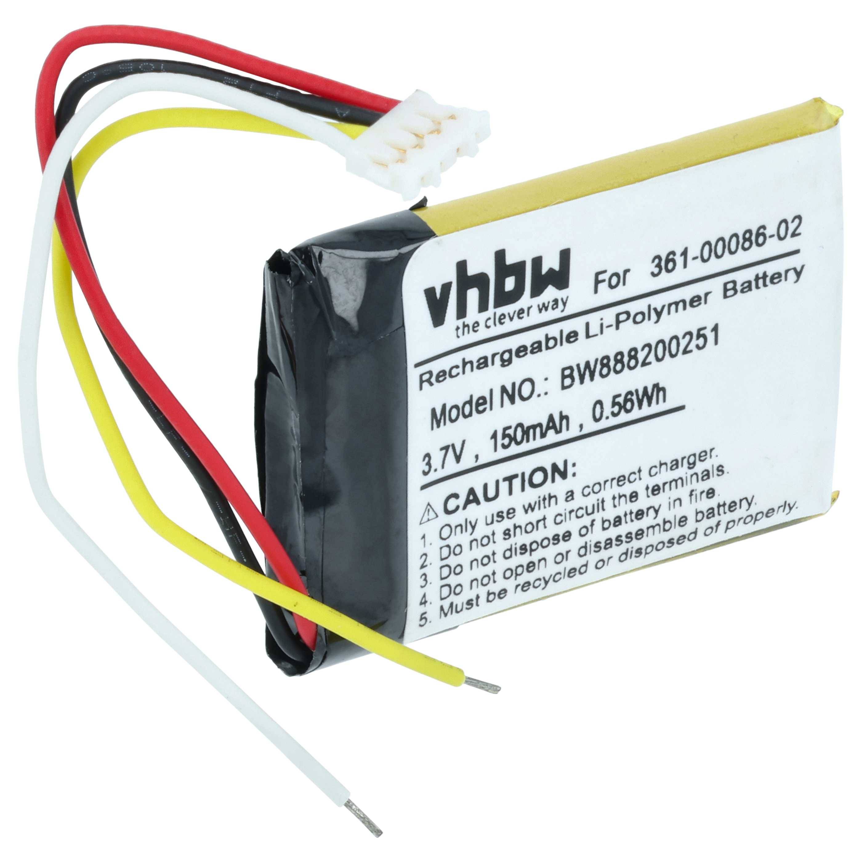 Ein wiederaufladbarer Lithium-Polymer-Akku mit Etikett: 'vhbw', 3,7V, 150mAh, 0,56Wh. Merkmale umfassen Kabel und einen Anschluss.