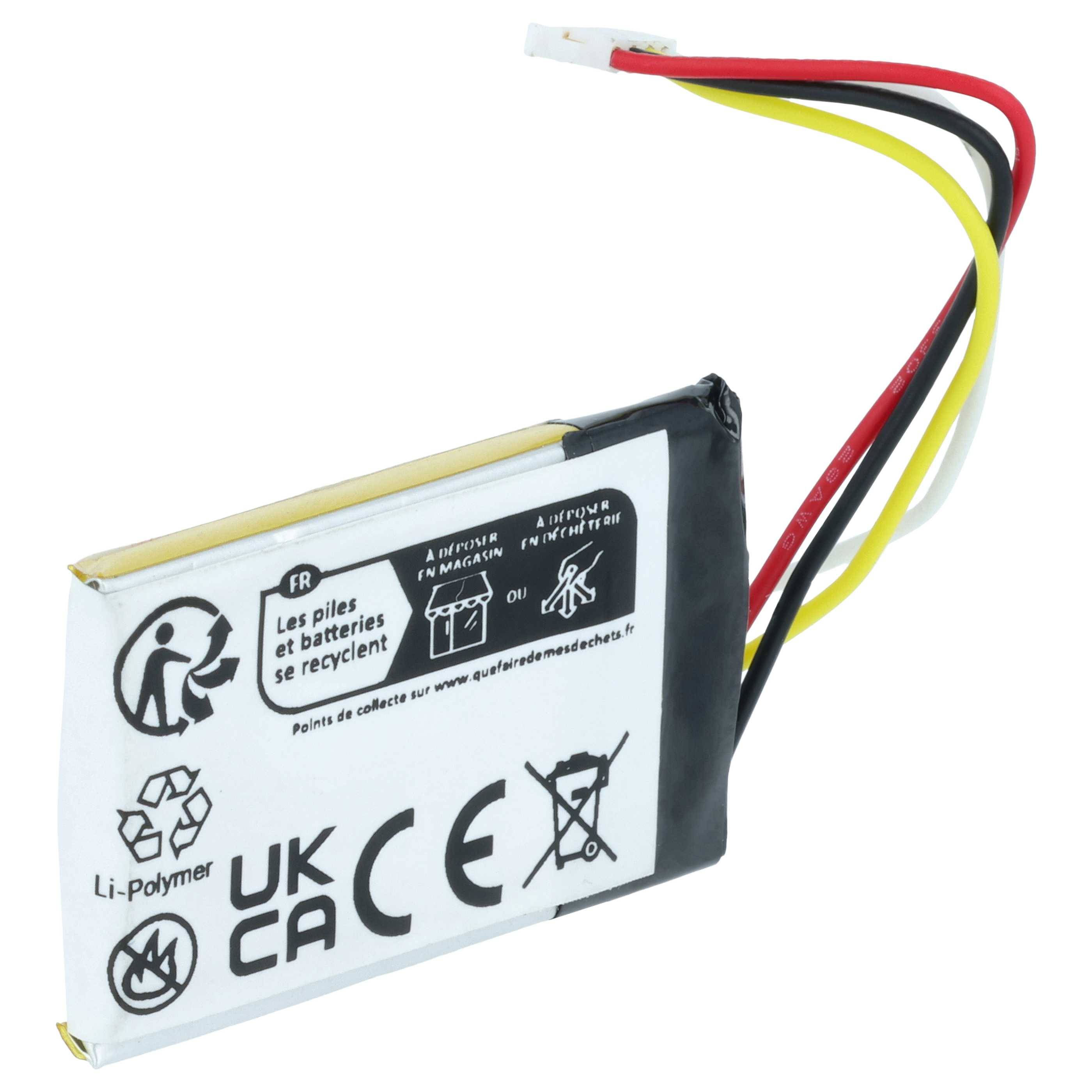 Eine wiederaufladbare Li-Polymer-Batterie mit europäischen Zertifizierungen und Recycling-Symbol, die rote, gelbe und schwarze Kabel angeschlossen zeigt.