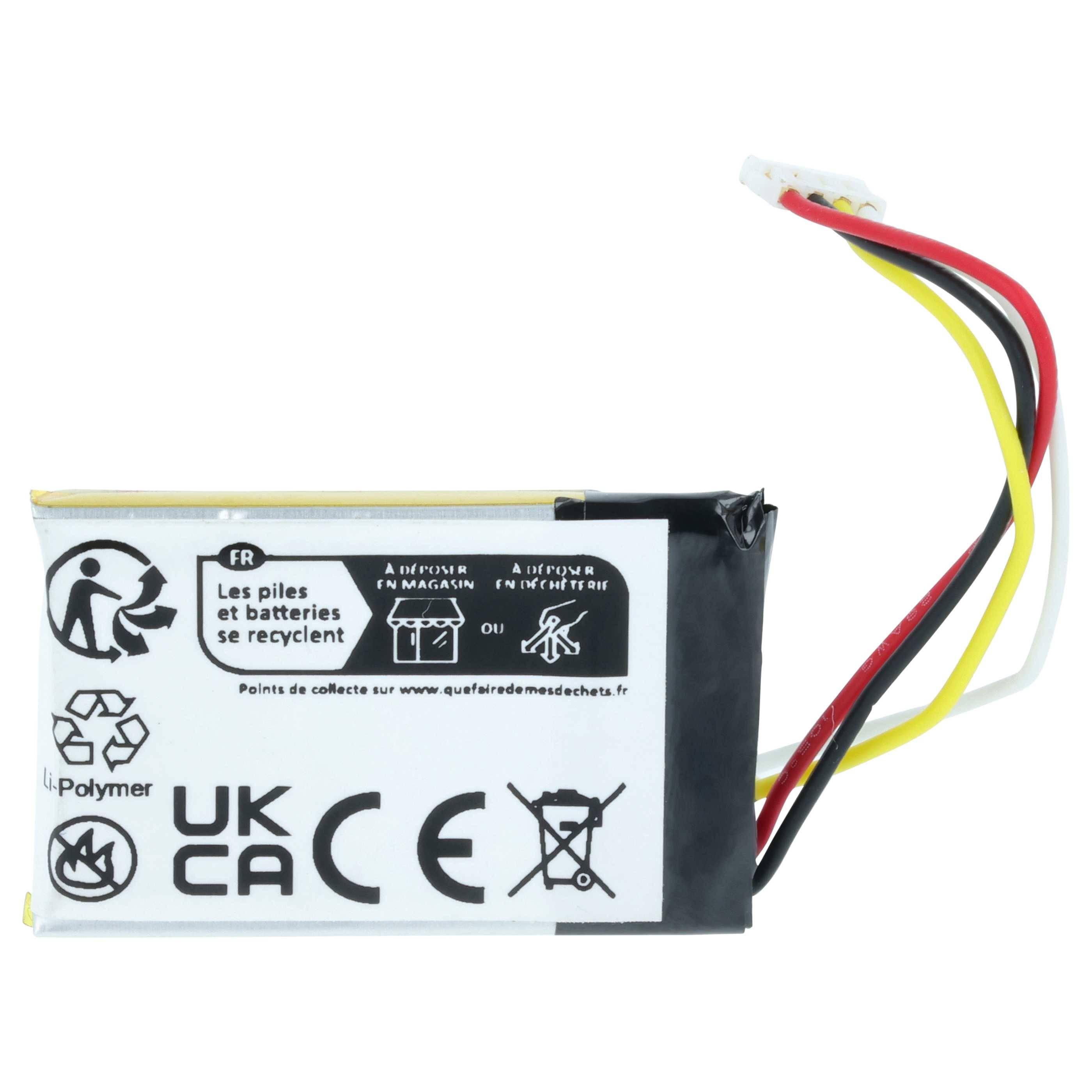 Li-Polymer-Batterie mit Recycling-Symbolen und Warnhinweisen. UK-, CA- und CE-Konformitätszeichen sind sichtbar. Kabel: rot, schwarz, gelb, weiß.