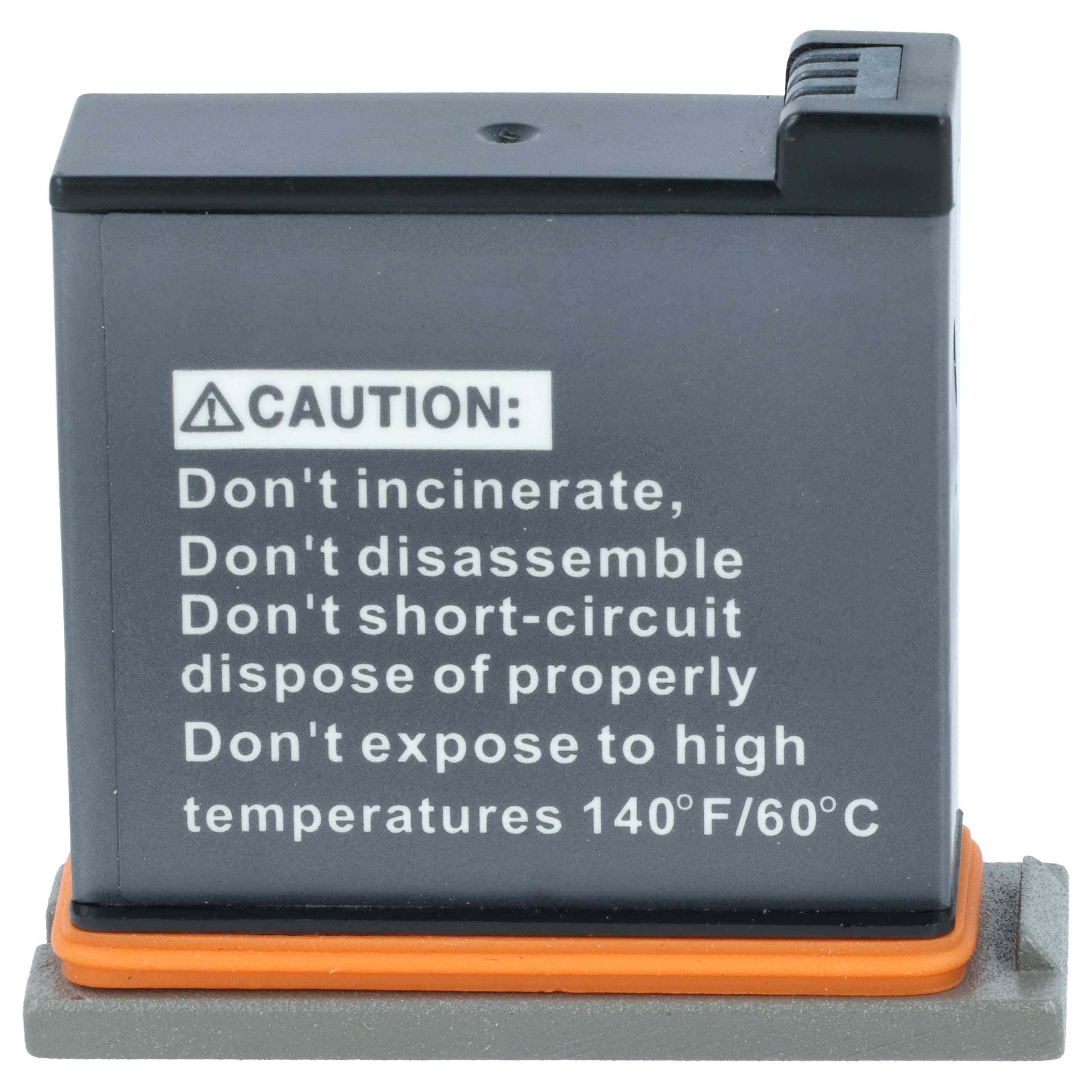 Batterie mit Warnhinweis: 'Vorsicht: Nicht verbrennen, zerlegen, kurzschließen oder Temperaturen über 140°F/60°C aussetzen.