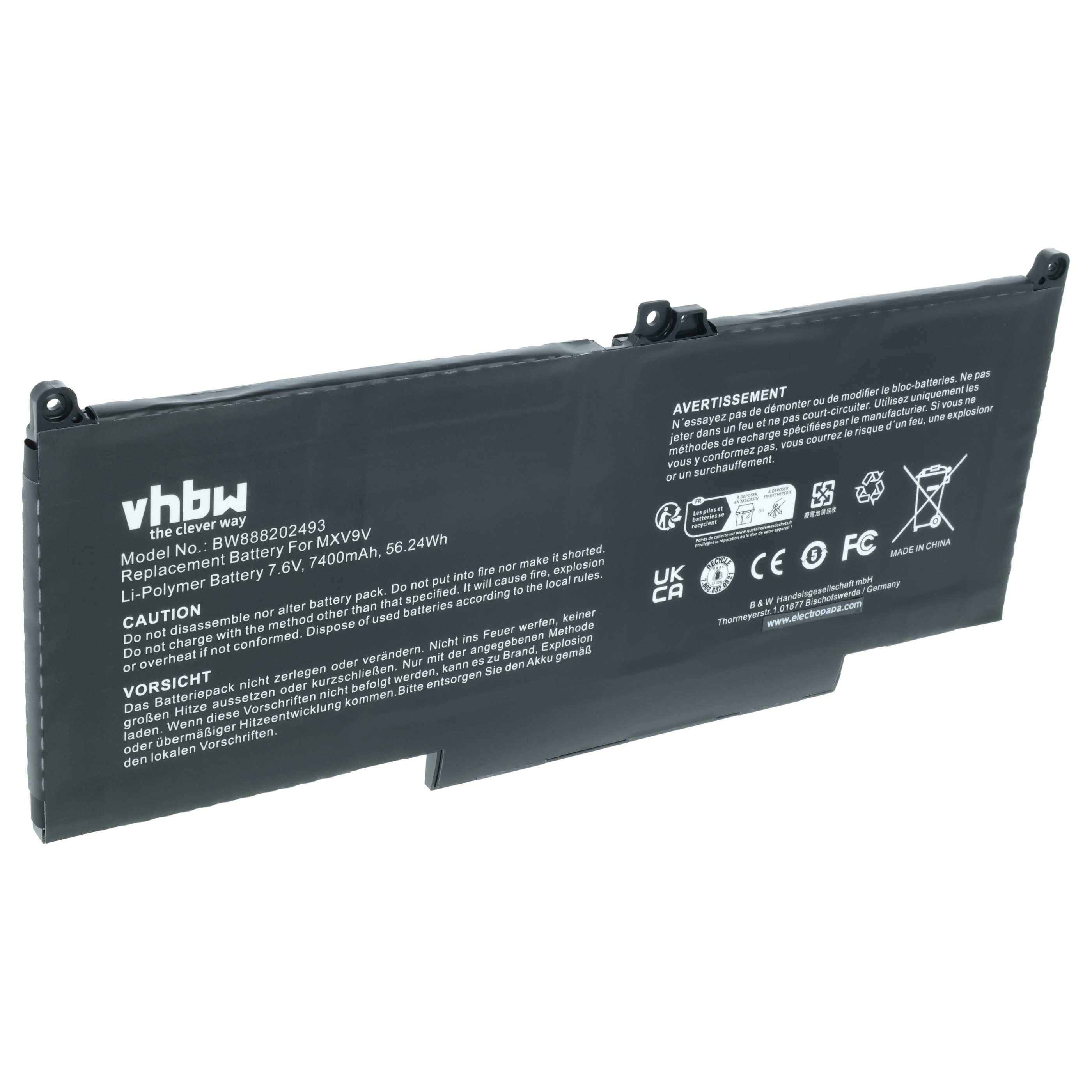 vhbw Akku kompatibel mit Dell N001L5300-D1306CN, N004L5300-D1506CN, N004L7400-D1506CN Notebook (7400 mAh, 7,6 V, Li-Polymer)