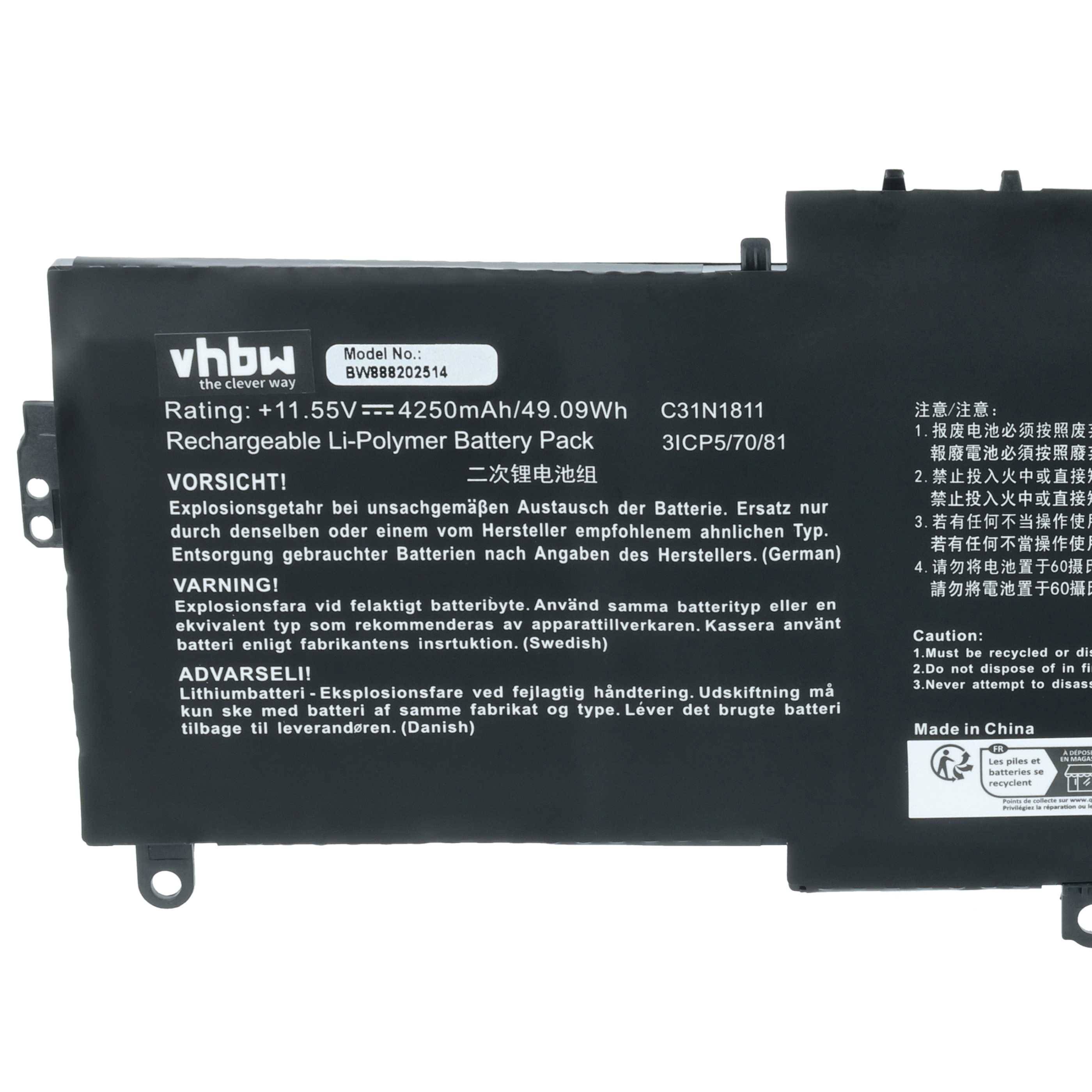 Batterieleistung mit Spezifikationen: 11,1V, 4250mAh. Etiketten enthalten Sicherheitswarnungen in mehreren Sprachen und Herstellerdetails.