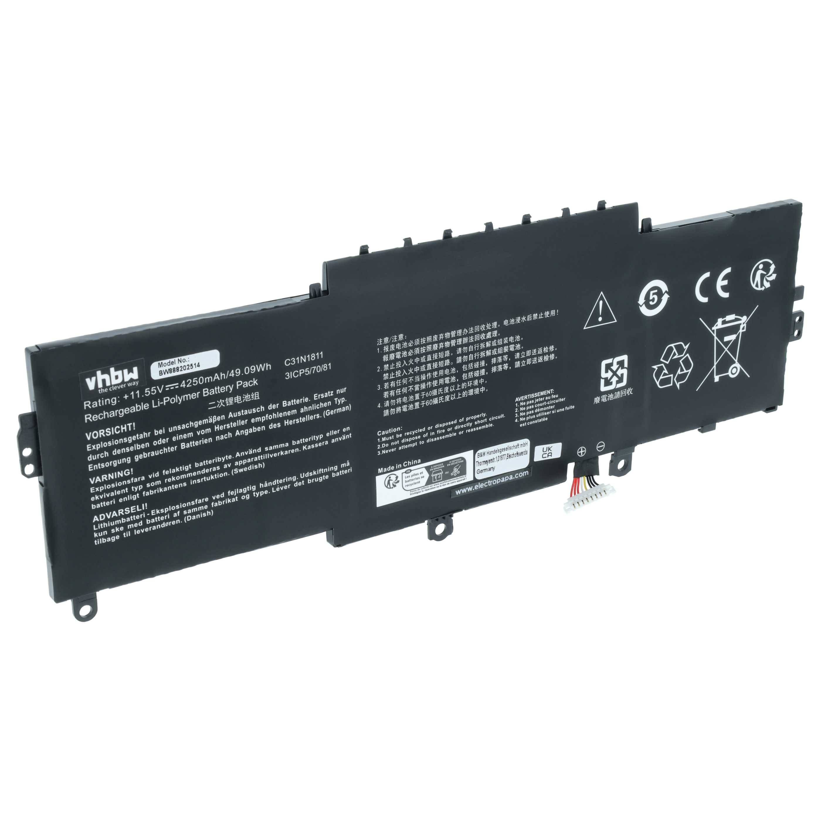 Ein rechteckiger schwarzer Laptop-Akku mit der Bezeichnung „vhbw