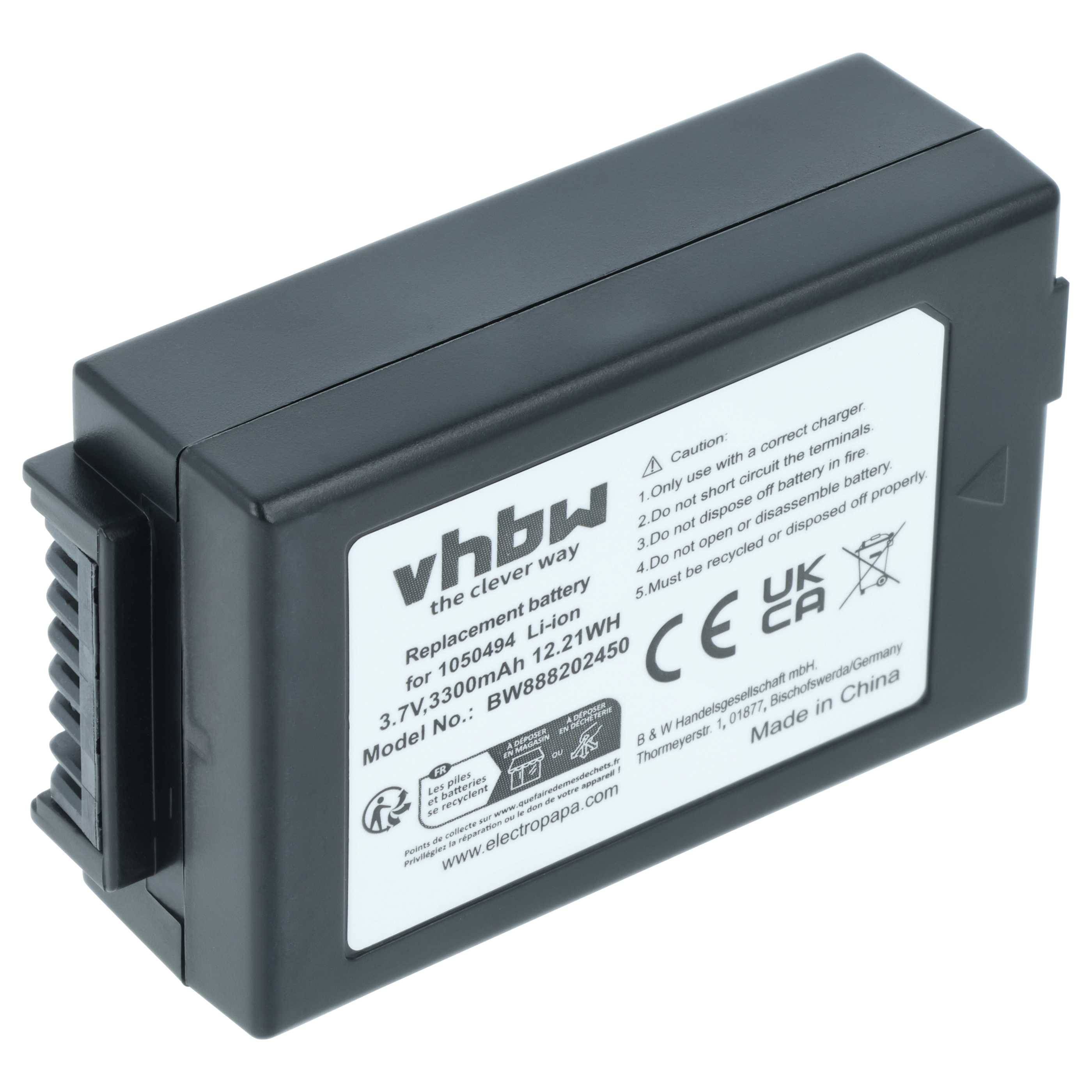 Ein rechteckiger schwarzer Lithium-Ionen-Akku mit einem weißen Etikett, das das Modell '1000944', 3,7V, 3300mAh, 12,21Wh von der Marke 'vhbw' zeigt.