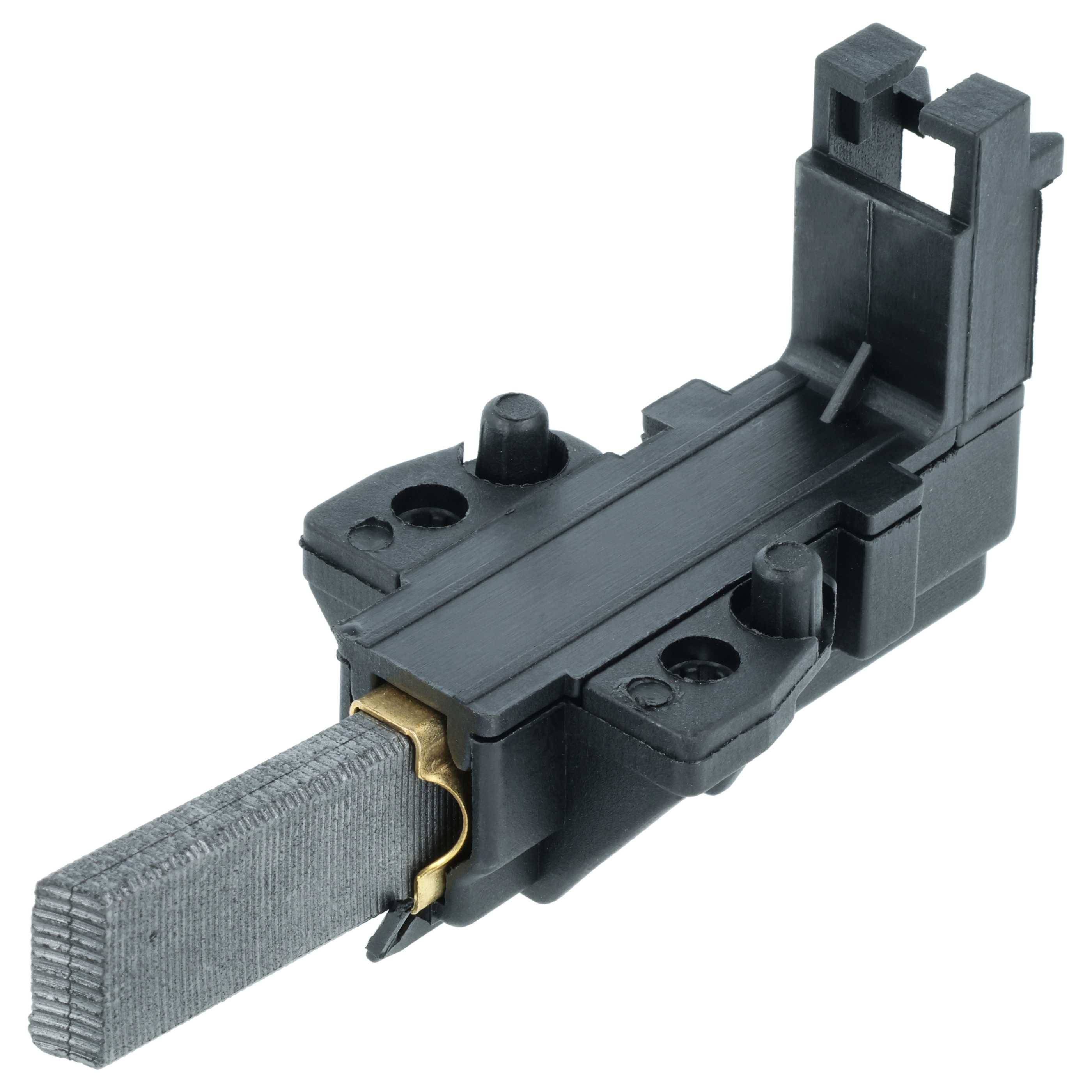 Kohlebursten-Halterungsbaugruppe für Elektromotor mit rechteckigem Gehäuse mit vorstehender Bürste und Messingverbinderelementen.
