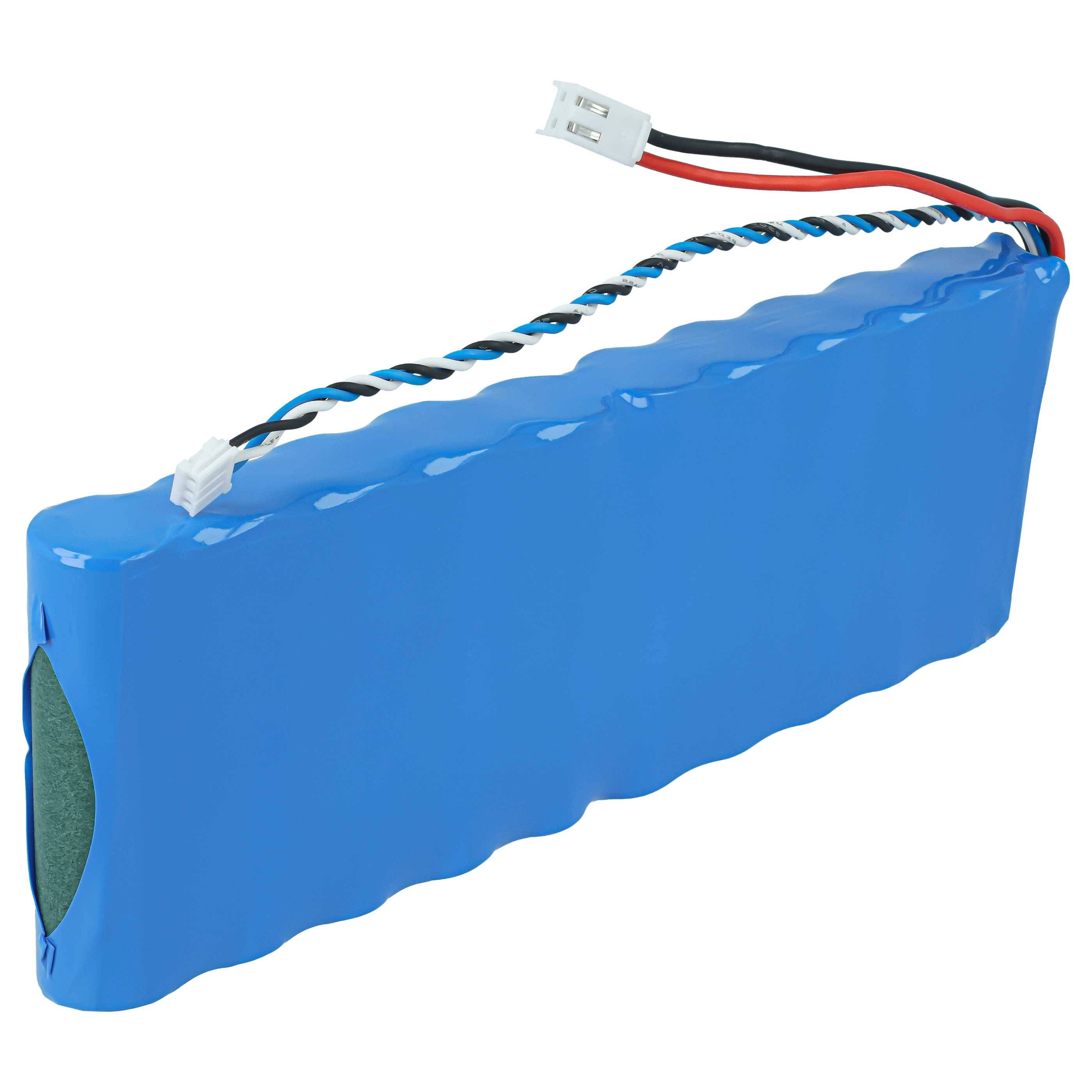 Blaues wiederaufladbares Batteriepaket mit angebrachten roten und schwarzen Stromkabeln und weißem Anschluss.