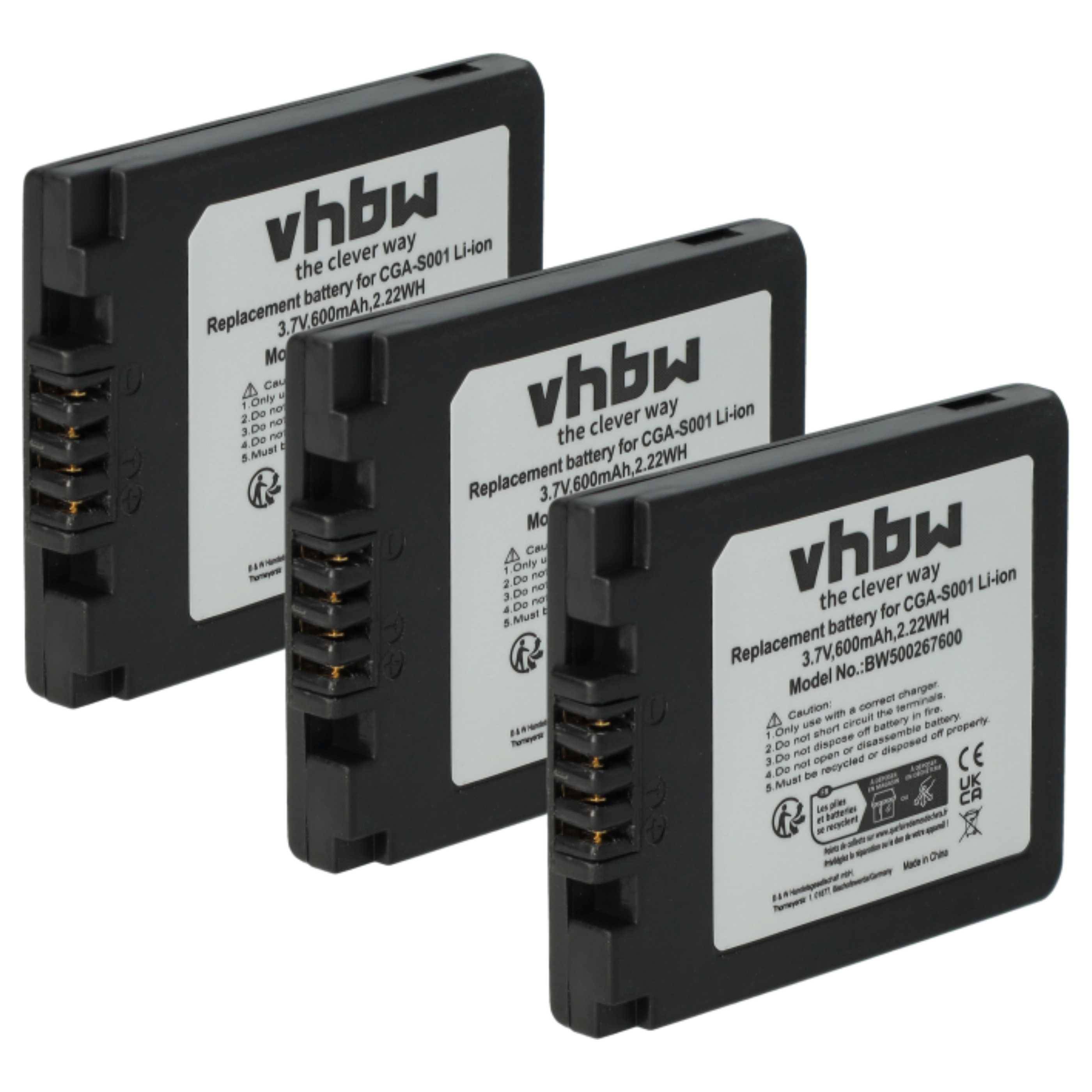 vhbw 3x Akku Ersatz für Panasonic CGR-S001, CGA-S001, CGA-S001E, DMW-BCA7 für Kamera (500 mAh, 3,6 V, Li-Ion)
