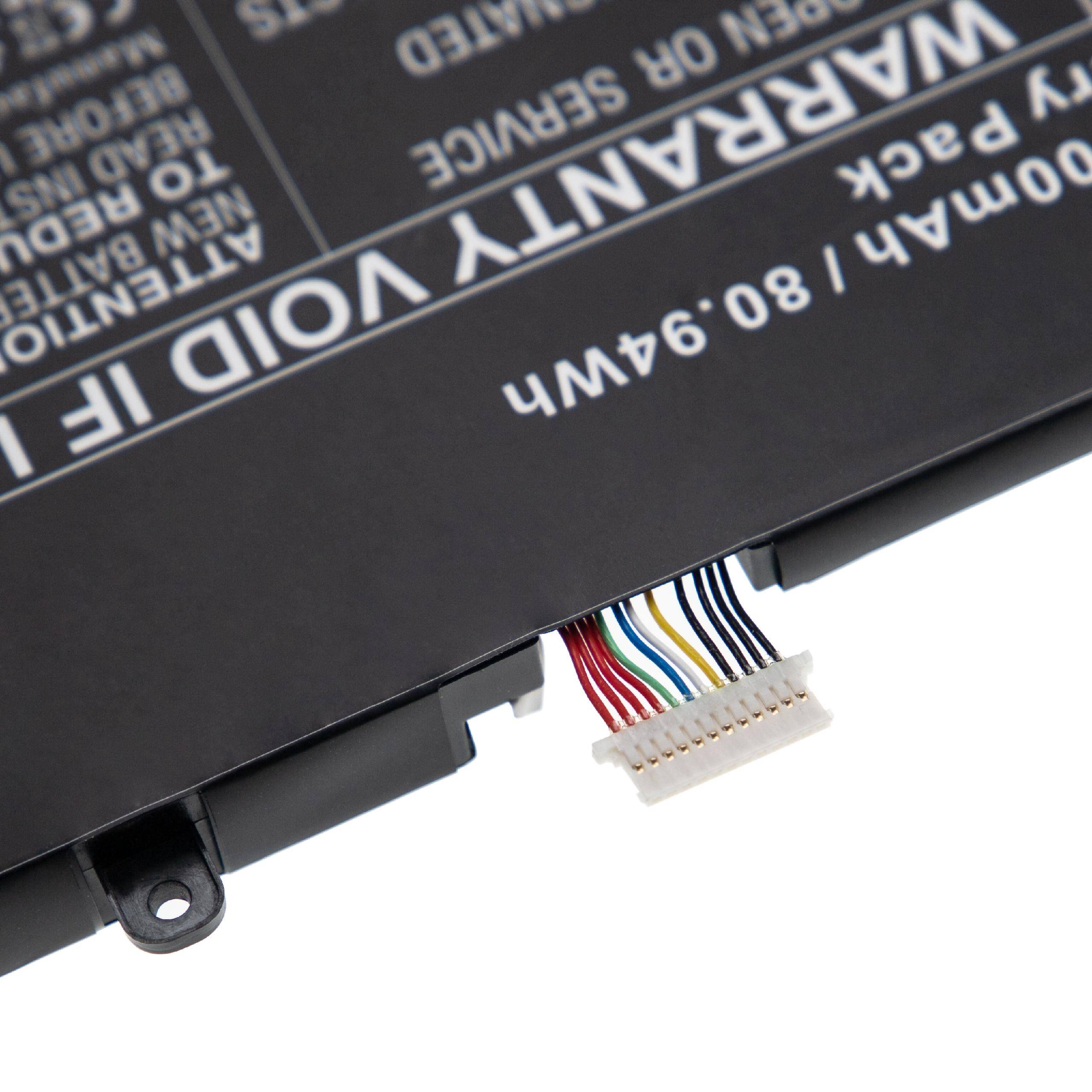 Laptop-Akku in Großaufnahme, der ein Verbindungskabel mit einem mehrfarbigen Kabel zeigt, das an einem Stecker angebracht ist; Beschriftungen betonen Garantiebedingungen.