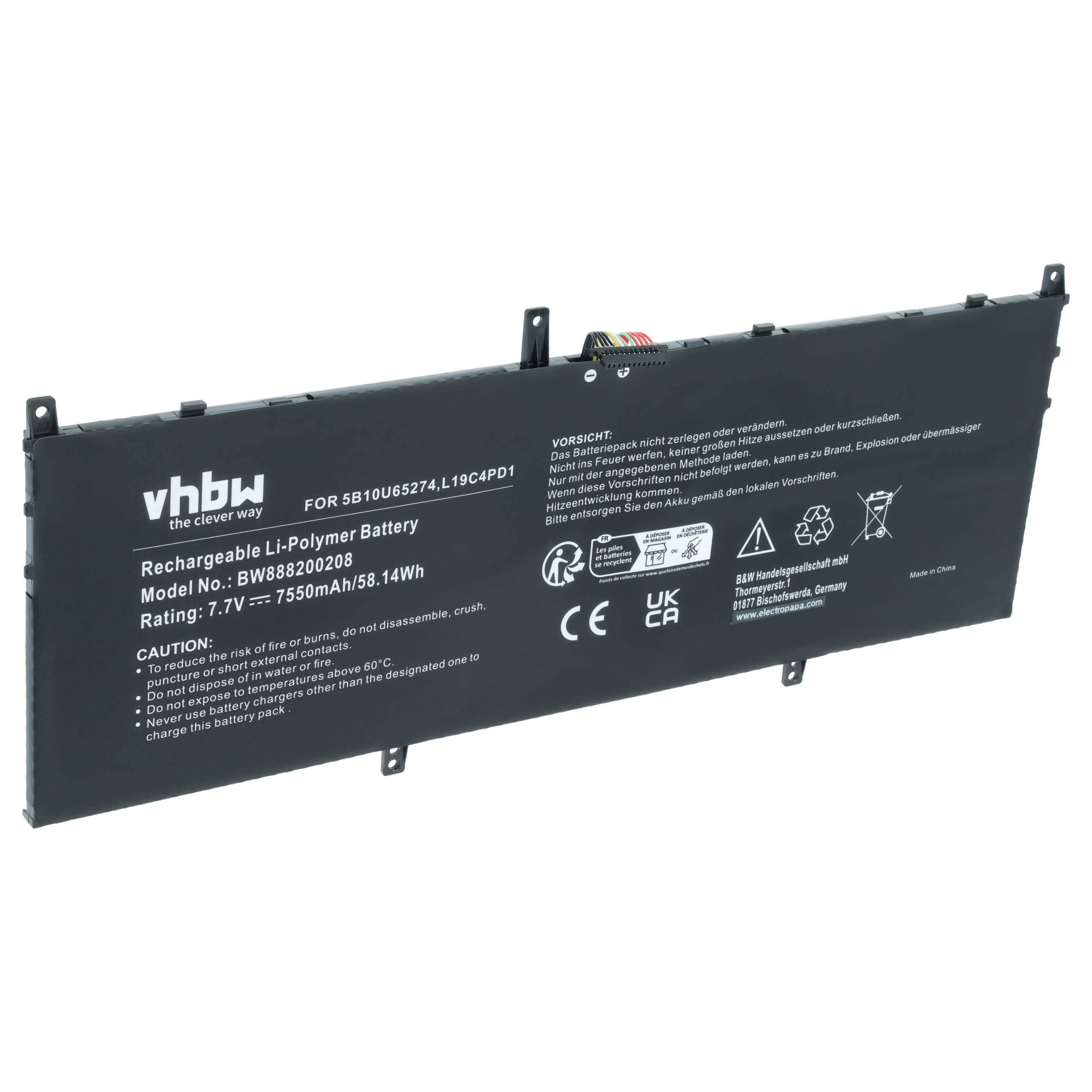 vhbw Akku Ersatz für Lenovo 5B10U65274, 5B10U65275, SB10W67395, L19C4PD1, L19D4PD1 für Notebook (7550 mAh, 7,7 V, Li-Polymer)