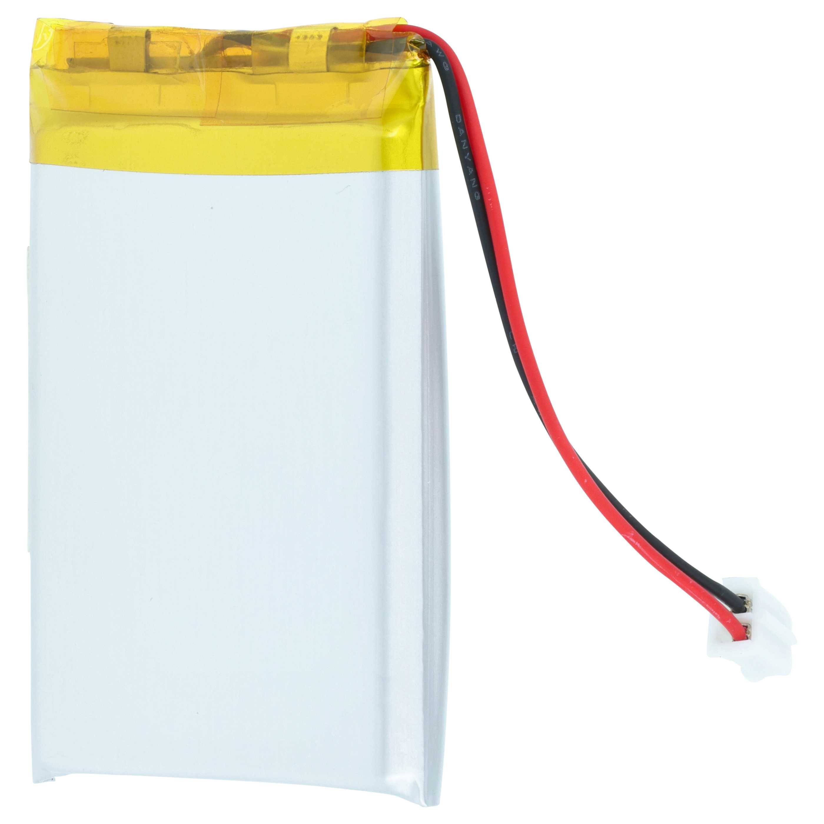 Eine rechteckige Lithium-Polymer-Batterie mit einer gelben Oberseite und roten sowie schwarzen Kabeln, die von der oberen rechten Ecke herausragen.