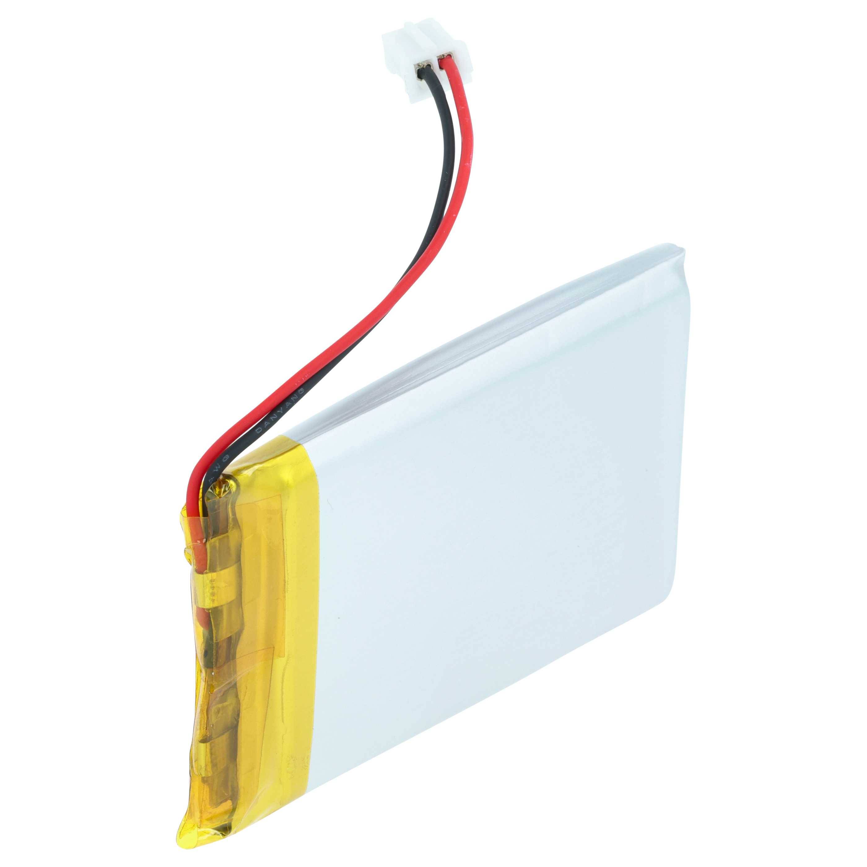 Eine Lithium-Polymer-Batterie mit einem gelben Schutzstreifen und rot-schwarzen Kabeln, die in einen weißen Stecker enden, zur Verwendung in elektronischen Geräten.