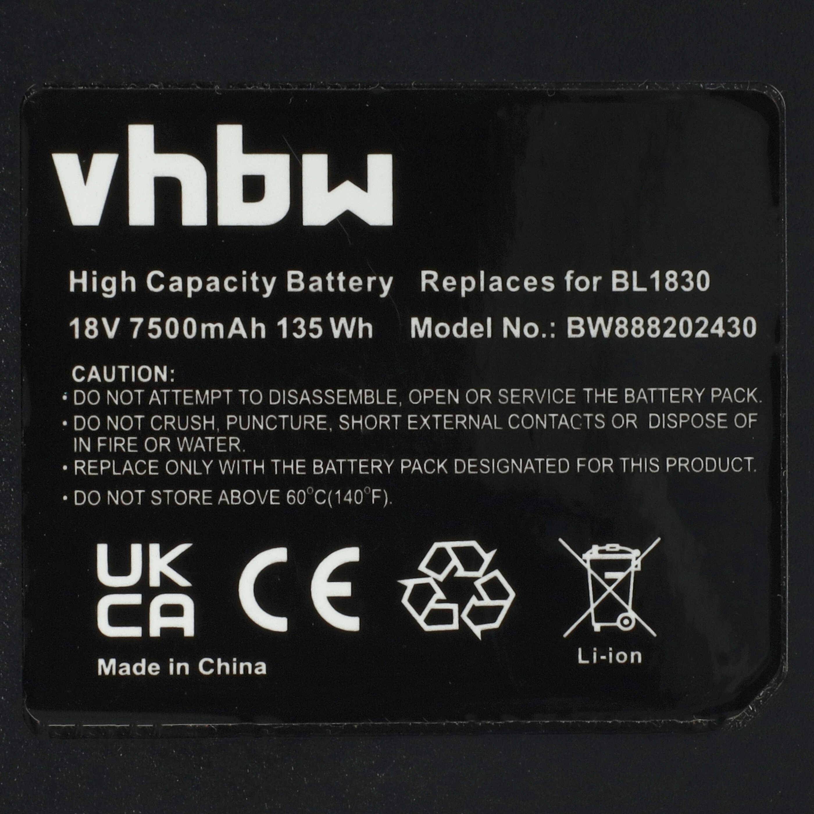vhbw Akku kompatibel mit Makita BJR182F, BJR181RFE, BJR181RF, BJR181X1, BJR181X, BJR182, BJR181Z Werkzeug (7500 mAh, Li-Ion, 18 V)