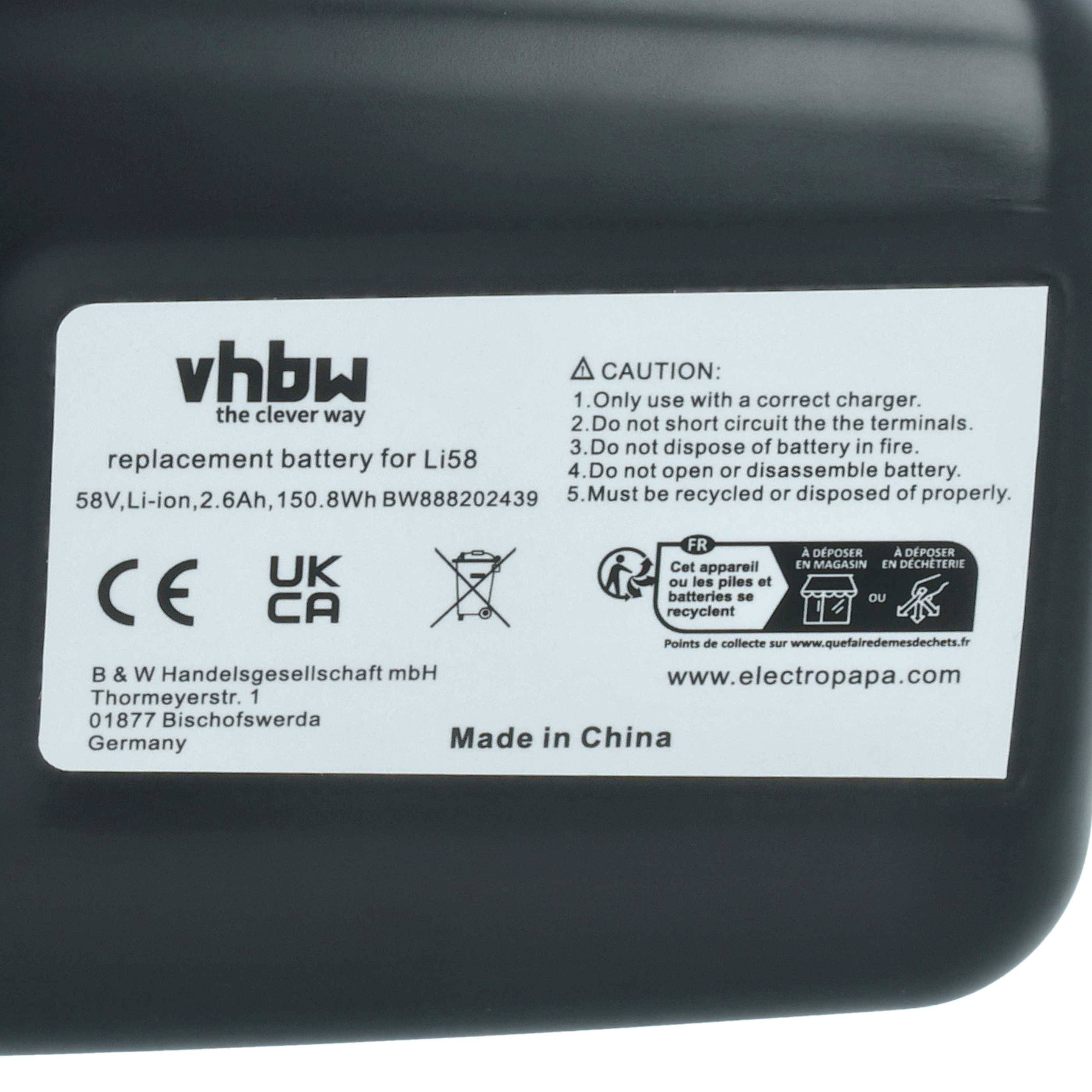 vhbw Akku Ersatz für Poulan Pro PR280Li für Rasenmäher Rasentrimmer Elektrosense (2600mAh 58V Li-Ion)