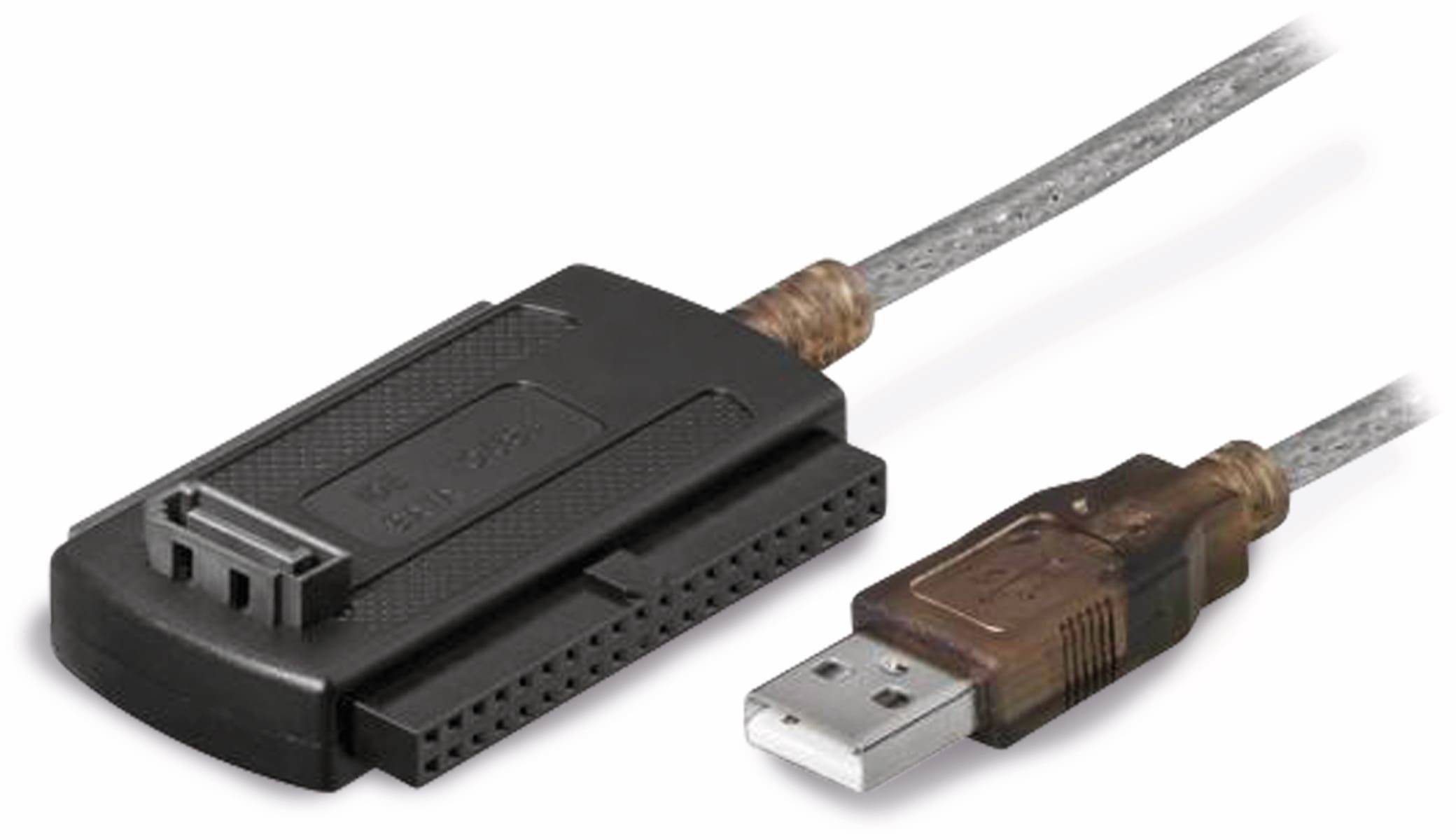 USB zu IDE Adapterkabel zur Verbindung interner Festplatten mit USB-Anschlüssen, wobei Anschlüsse und ein Teil des Kabels gezeigt werden.