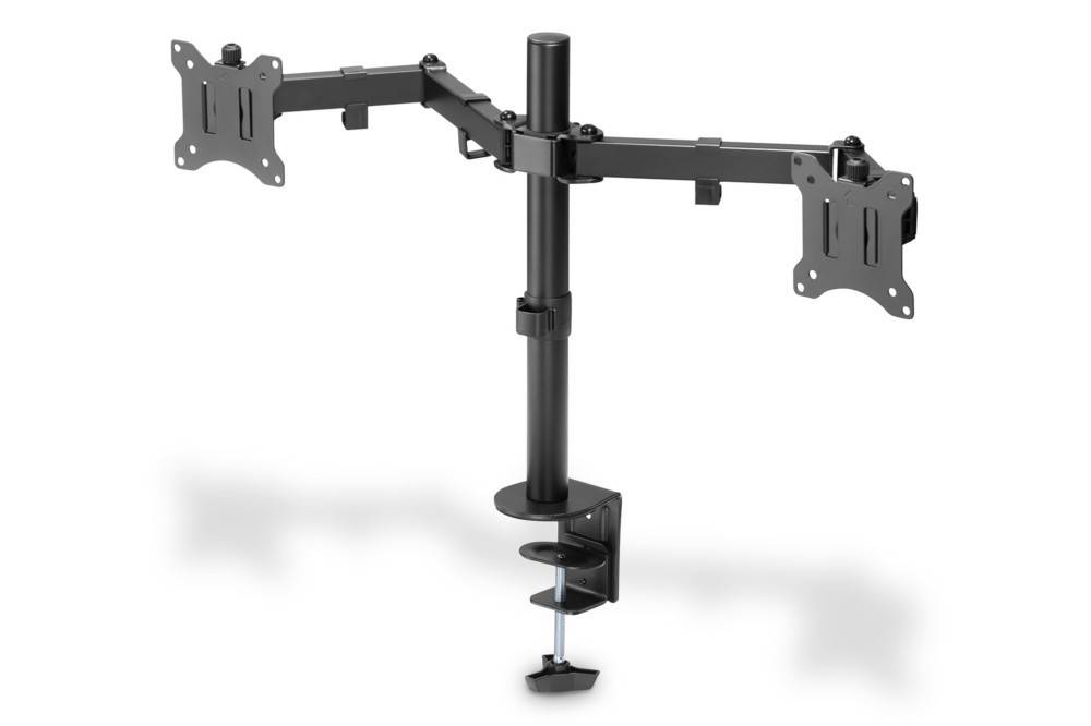 Ein Doppelmonitor-Tischhalterung mit verstellbaren Armen und einer Klemmbase zur Befestigung an einem Schreibtisch, die entwickelt wurde, um zwei Monitore nebeneinander zu halten.