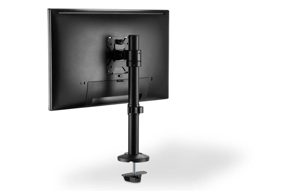 Ein Monitor, der auf einem vertikalen Ständer mit einer Klemmhalterung zur Befestigung am Schreibtisch montiert ist und ein schlankes, minimalistisches Design aufweist.