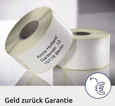 Produktetiketten-Rollen mit einer Adresse und einem Symbol und Text für eine „Geld-zurück-Garantie