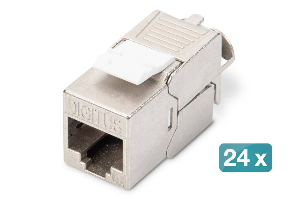 Metall-Ethernet-/RJ45-Koppler-Adapter auf weißem Hintergrund dargestellt, beschriftet mit „24 x