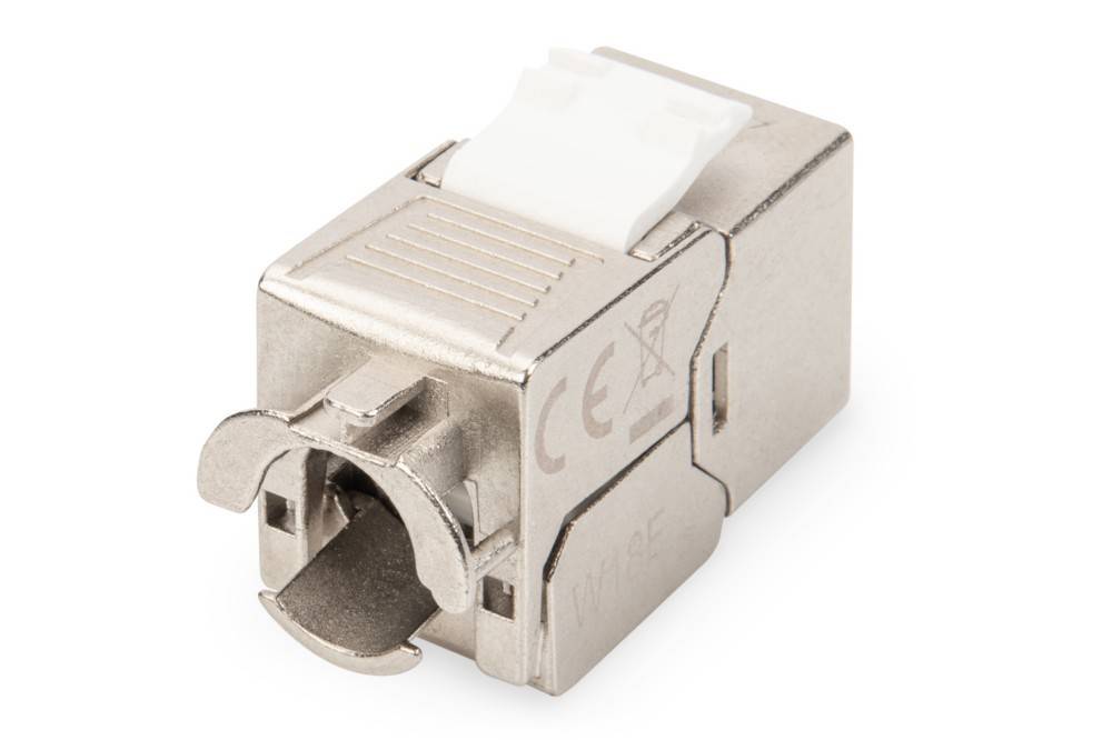 Ethernet-Keystone-Buchse mit Metallgehäuse, konzipiert für den Einbau in Standard-Wanddosen oder Patchpanels, verwendet für Netzwerkanwendungen.