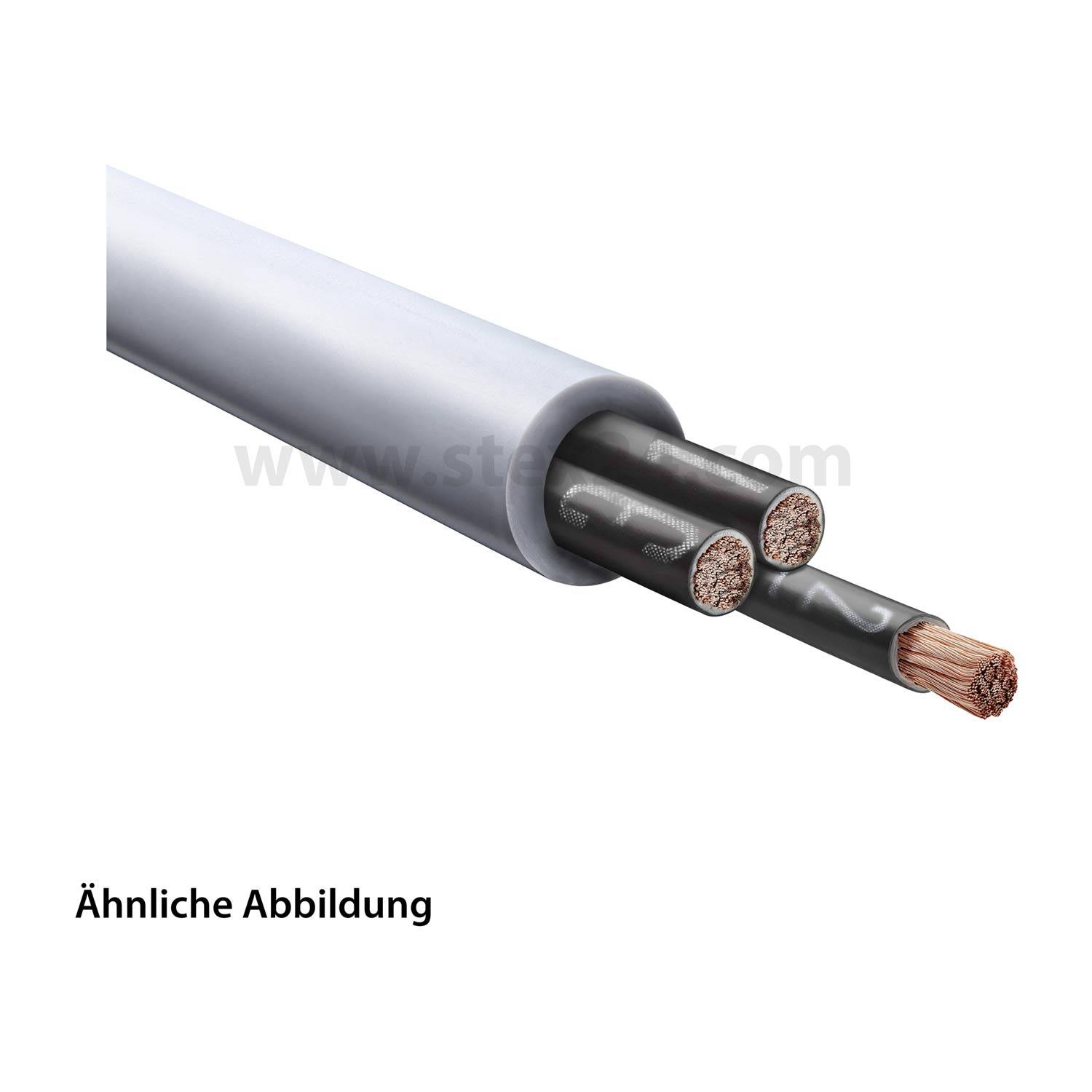 „Ein Kabel mit drei freigelegten Kupferdrähten, teilweise von schwarzer Isolierung bedeckt, in einer grauen Außenschicht eingehüllt.