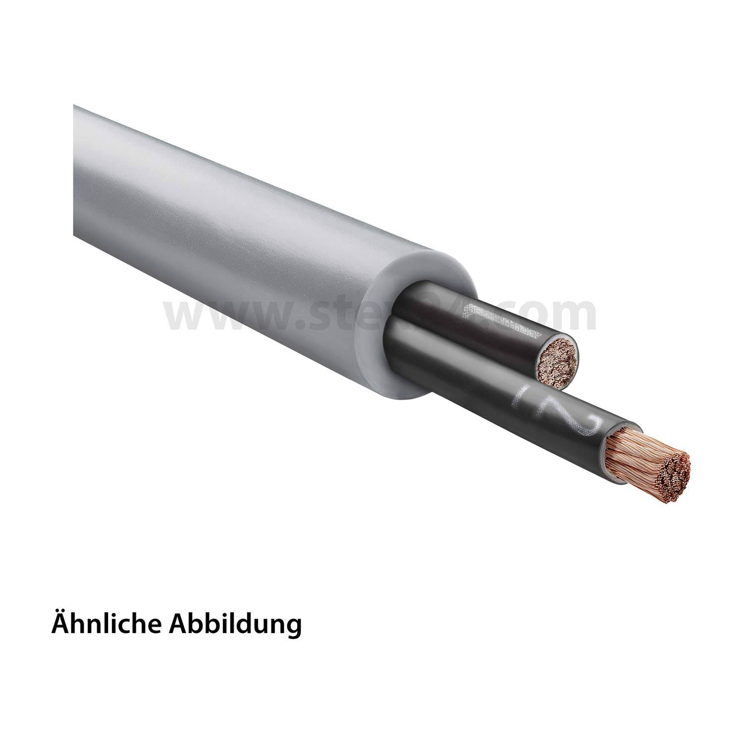 „Querschnittsansicht eines grauen isolierten Elektrokabels mit zwei freiliegenden Kupferdrähten.