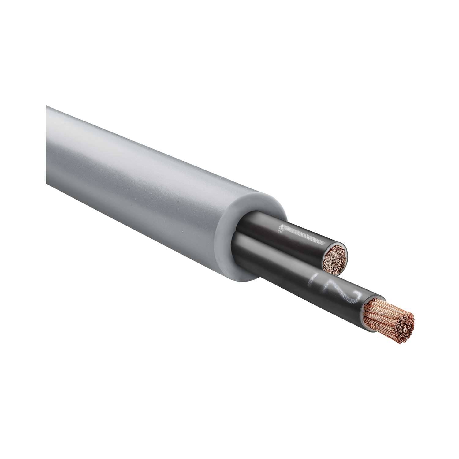 Ein Abschnitt eines Elektrokabels mit freiliegenden Kupferdrähten an den Enden, umwickelt mit einer grauen Isolationshülle.