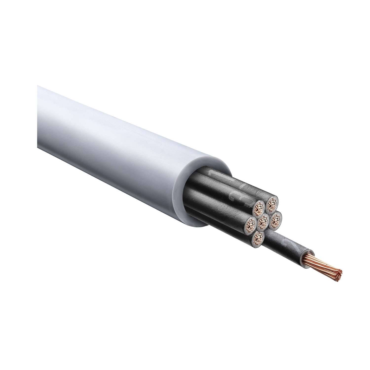 Ein Querschnitt eines mehraderigen elektrischen Kabels, das sieben Kupferdrähte in einer zylindrischen Umhüllung zeigt, wobei ein Draht nach außen verläuft.