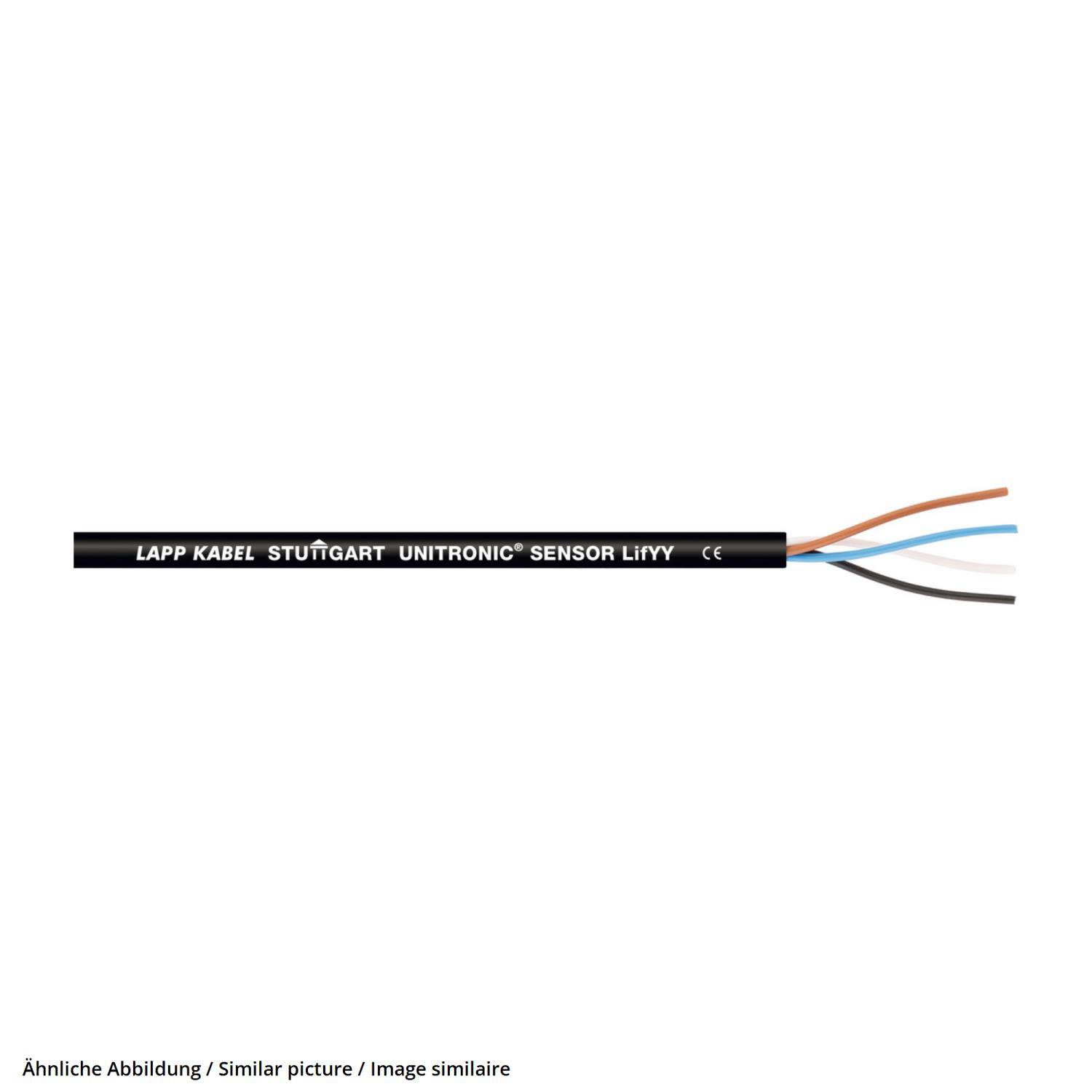 Ein LAPP Kabel aus Stuttgart, mit der Bezeichnung UNITRONIC SENSOR LiYY, mit vier freiliegenden Drähten: schwarz, weiß, braun und blau.
