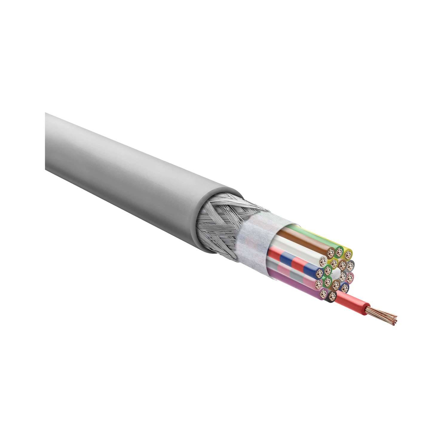 Ein Querschnitt eines mehradrigen Kabels, das Isolationsschichten und mehrere farbige interne Drähte zeigt und die innere Kabelstruktur veranschaulicht.