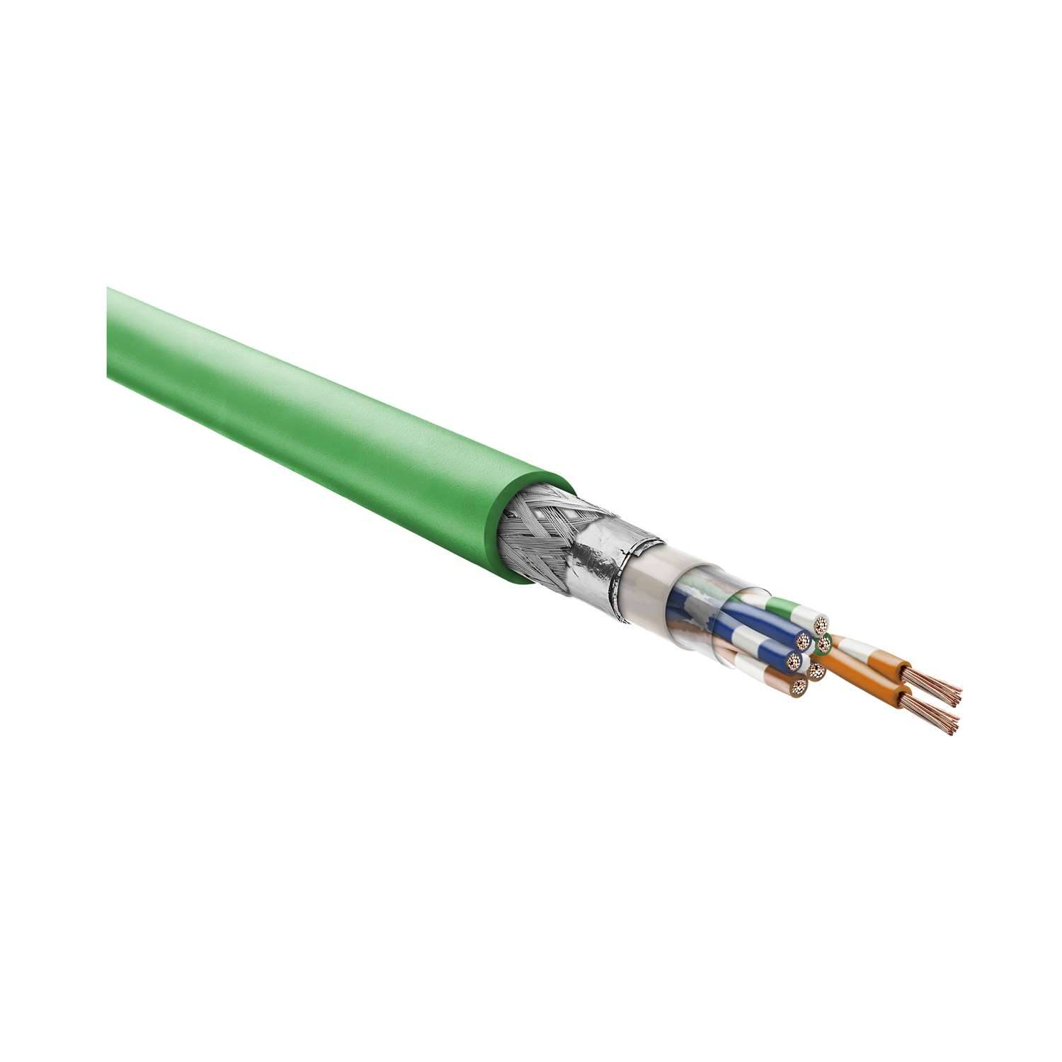 Grünes Industrie-Ethernet-Kabel mit freigelegten Drähten und Abschirmung, geeignet für Hochgeschwindigkeitsdatenübertragungen in rauen Umgebungen.
