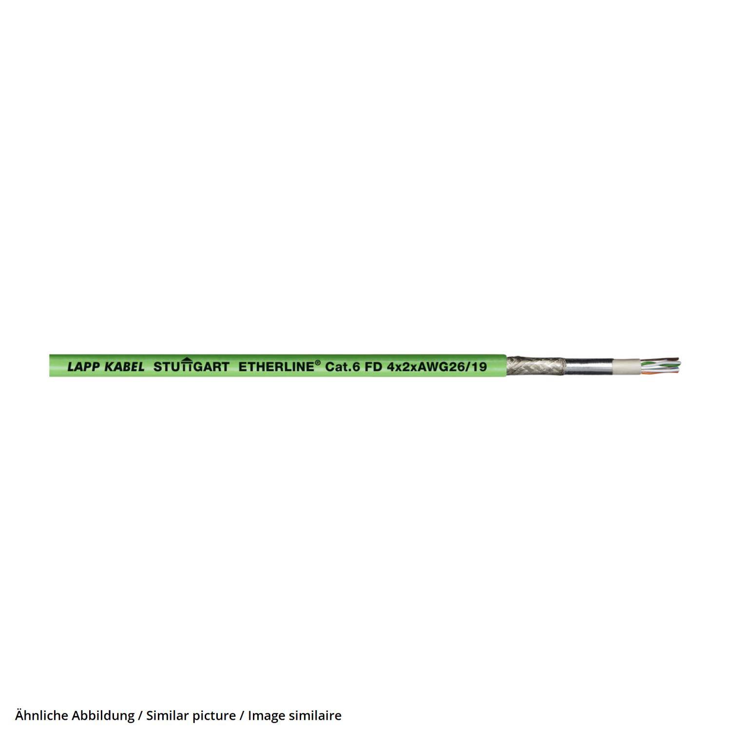 Ein grünes Ethernet-Kabel mit der Bezeichnung „Lapp Kabel Stuttgart Etherline Cat.6 FD 4x2xAWG26/19