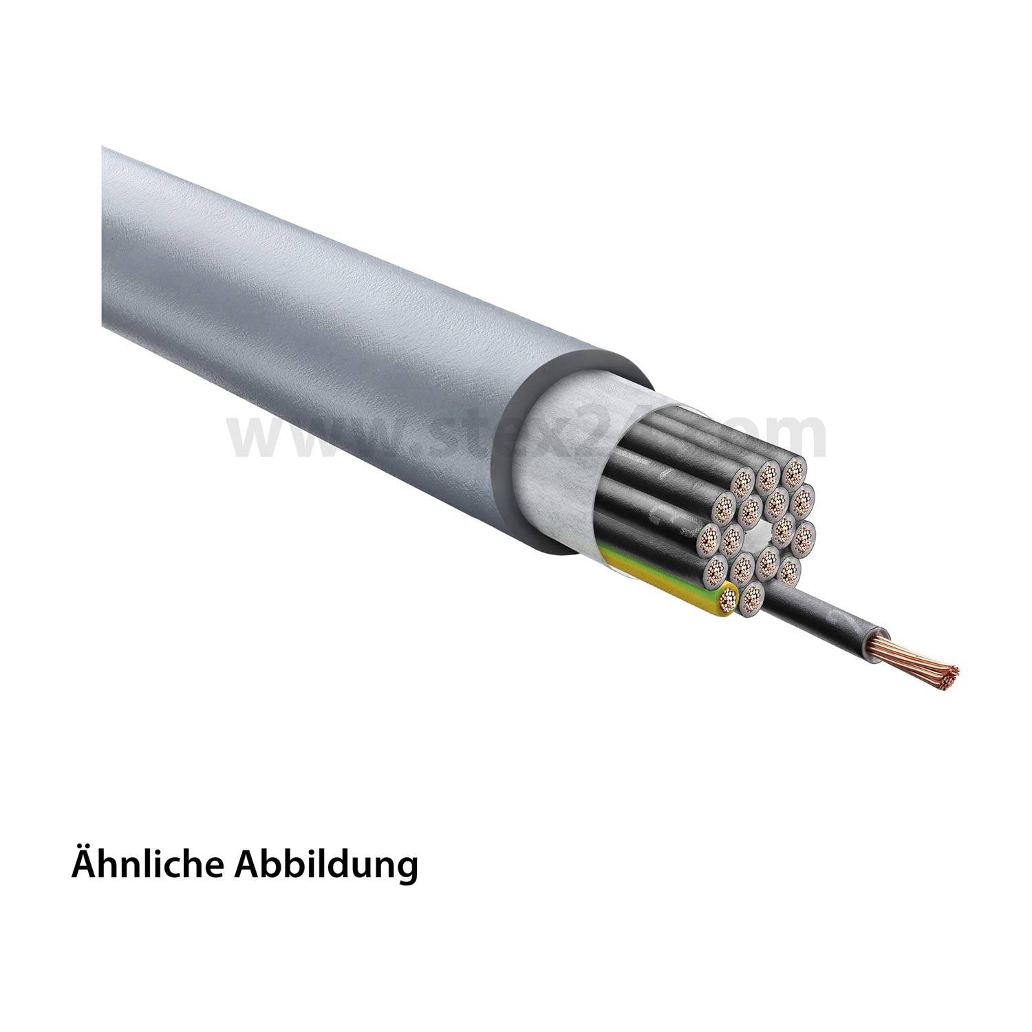 Ein detaillierter Querschnittsblick auf ein elektrisches Kabel mit mehreren Kupfersträngen innerhalb einer Silberhülle, beschriftet mit „Ähnliche Abbildung.