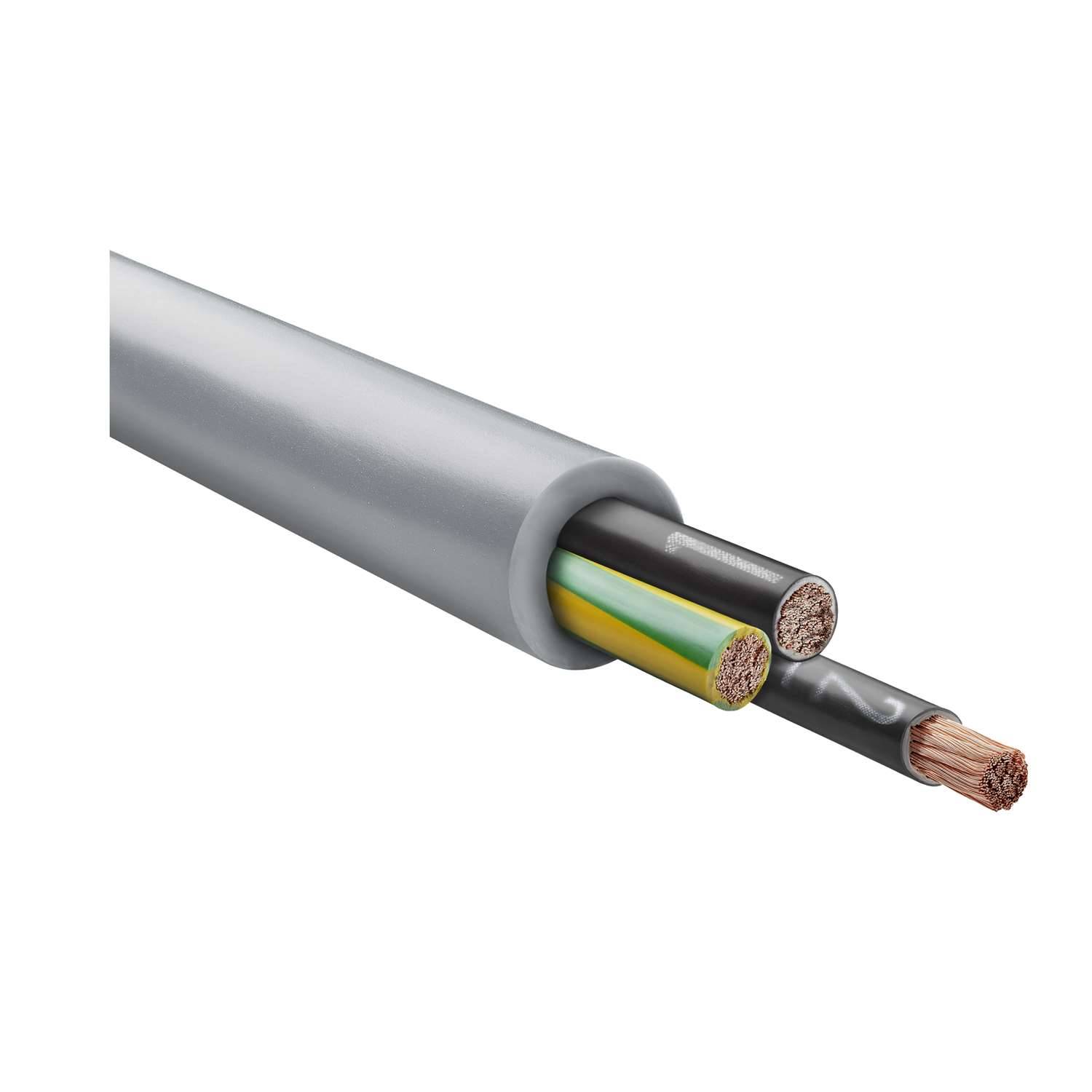 Eine Nahaufnahme eines freigelegten Stromkabels mit drei farbigen Adern, die herausragen: gelb-grün, blau und braun, was unterschiedliche Funktionen anzeigt.