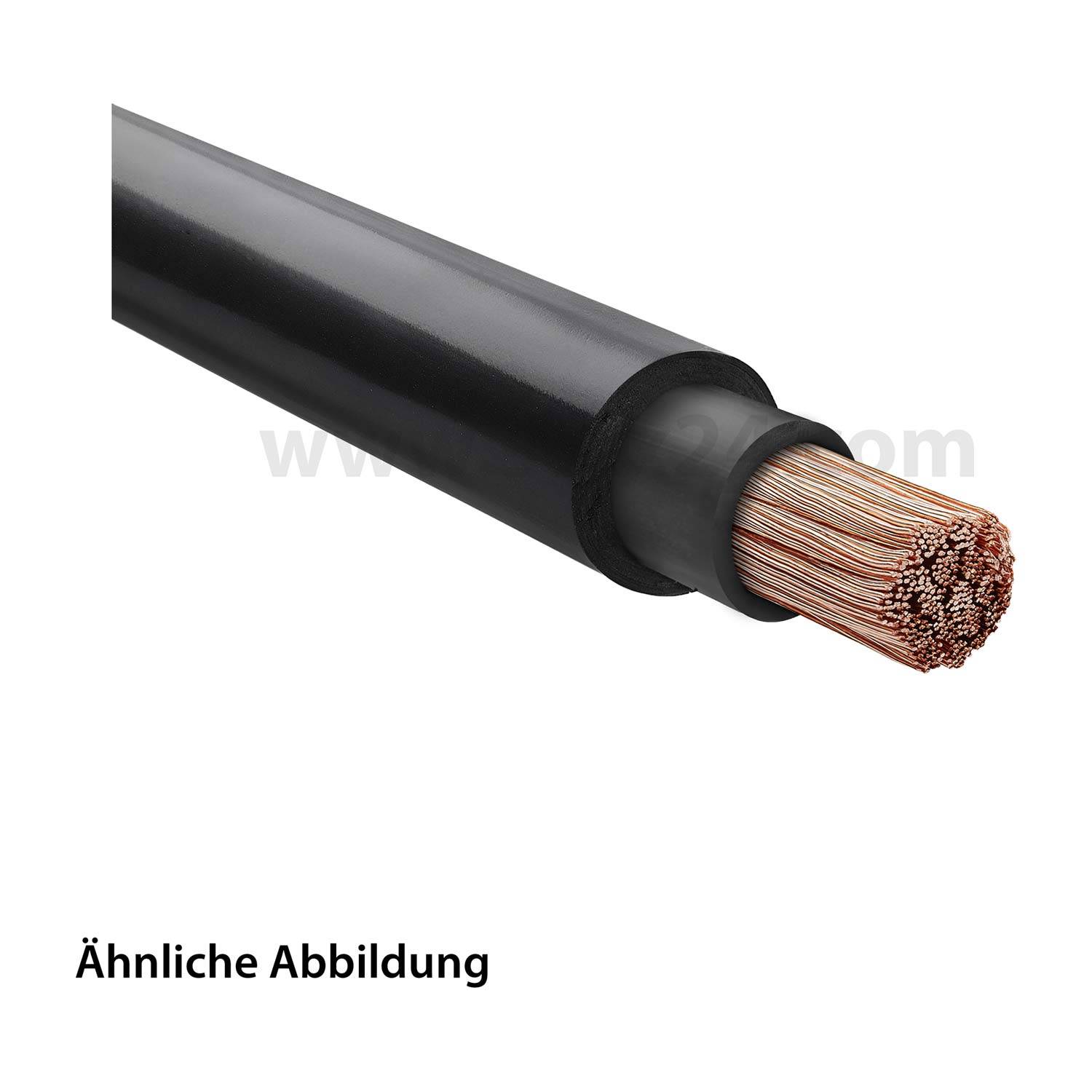 Eine Nahaufnahme eines schwarzen Elektrokabels zeigt freiliegende Kupferdrahtlitzen am Ende. Der Text lautet „Ähnliche Abbildung
