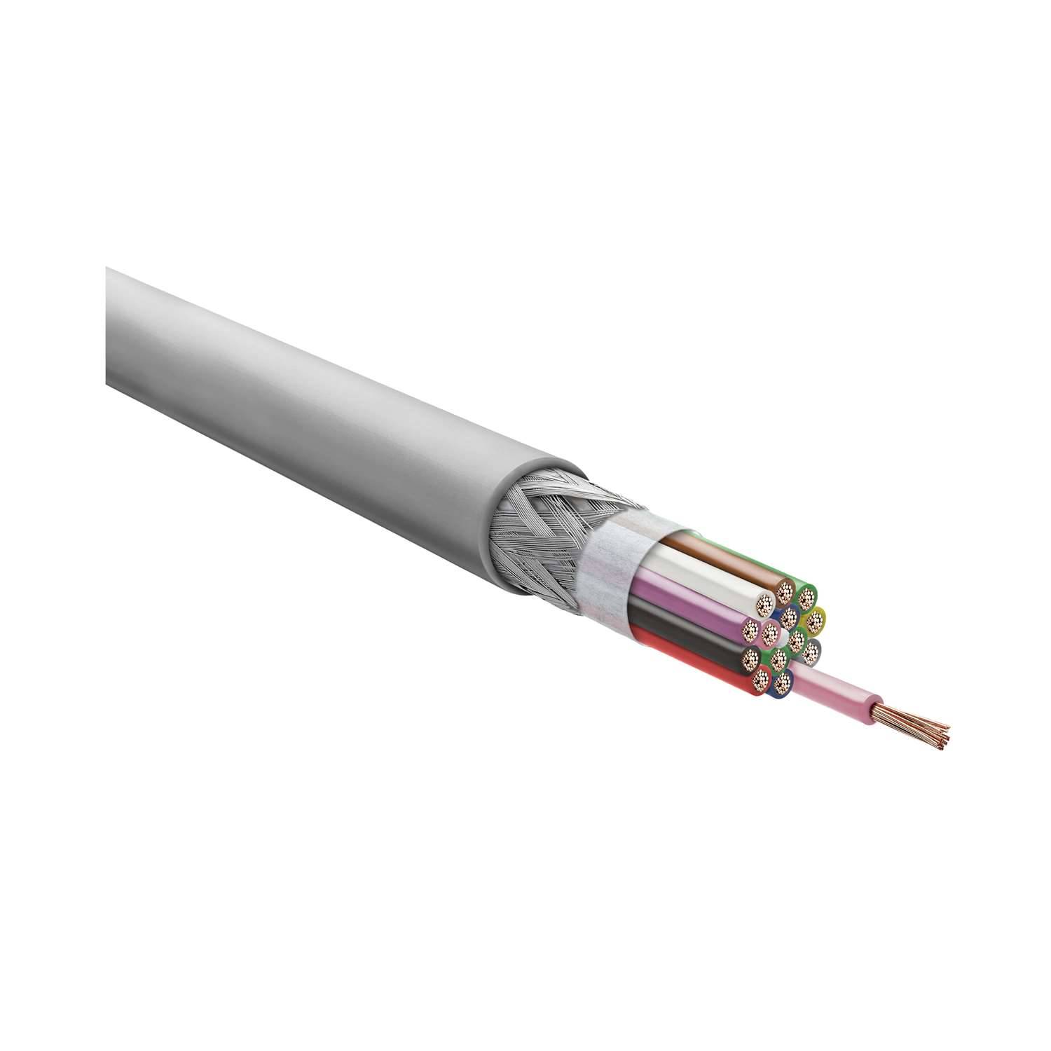Querschnittsbild eines Kabels, das mehrere farbig isolierte Drähte zeigt, die zusammengefasst sind und von einer grauen Außenschicht umgeben sind.