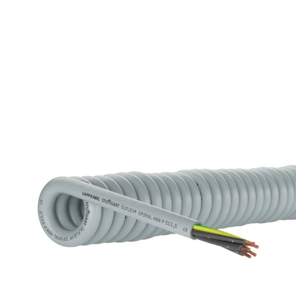 Graues flexibles Elektrokabel mit drei freiliegenden farbigen Drähten am Ende vor weißem Hintergrund.