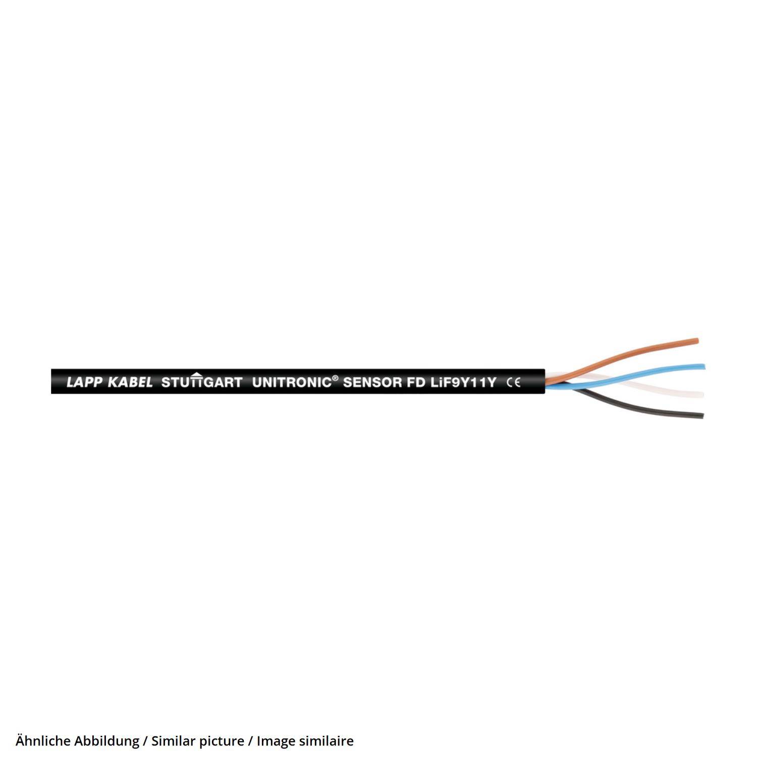Ein schwarzes LAPP KABEL UNITRONIC Sensorkabel mit freiliegenden farbigen Drähten, die aus dem Ende herausragen, beschriftet mit FD LiF9Y11Y CE.