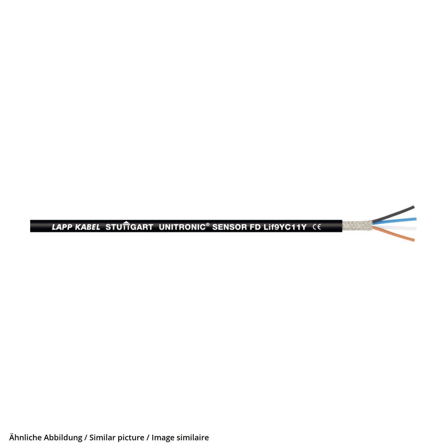 Ein schwarzes LAPP KABEL UNITRONIC SENSOR FD Li19YC11Y Kabel mit freigelegten farbigen Innendrähten an einem Ende; ähnliche Artikelbilder werden angezeigt.