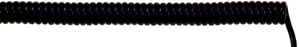 Eine schwarze gewickelte Kabel, die eine Schlaufe bildet und Flexibilität und Dehnbarkeit für verschiedene elektronische Verbindungen oder Anwendungen bietet.