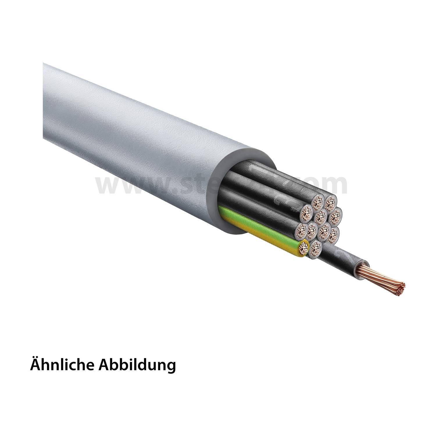 Foto eines Querschnitts eines mehrfarbigen Elektrokabels mit einzelnen Drähten innerhalb einer grauen Außenschicht. Die Bildunterschrift lautet 