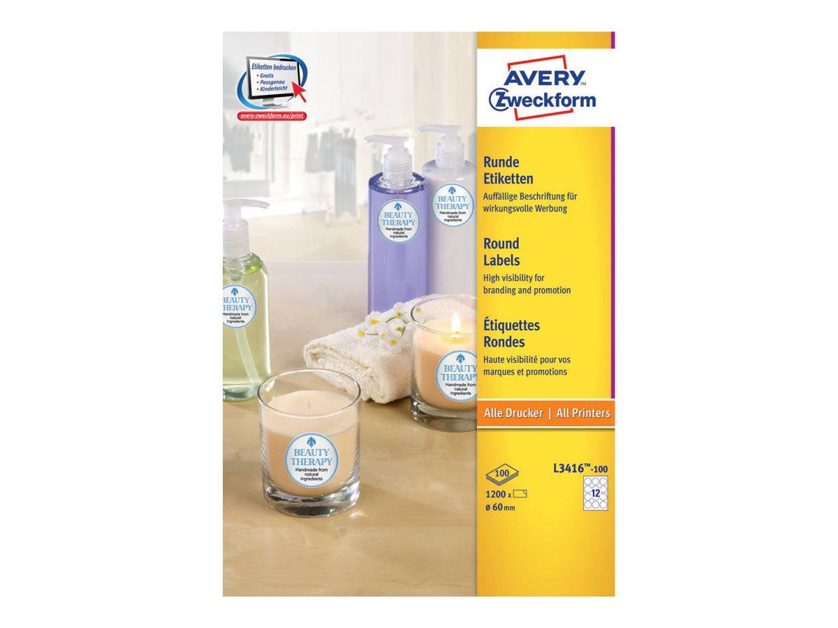 AVERY ZWECKFORM - Avery L3416 - Weiß - 60 mm rund 1200 Stck. (100 Bogen x 12)