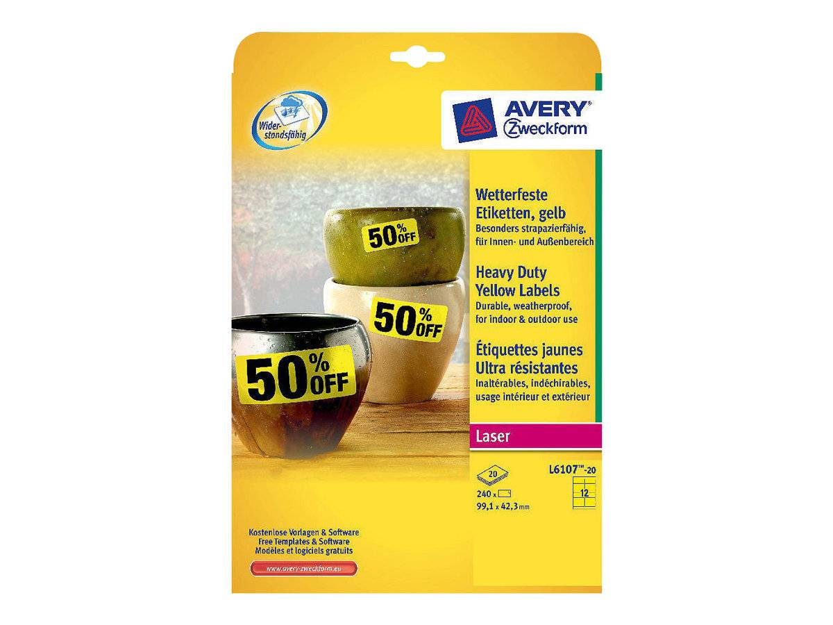 Avery Zweckform - Polyester - permanenter Klebstoff - Gelb - 99.1 x 42.3 mm 240 Etikett(en) (20 Bogen x 12)