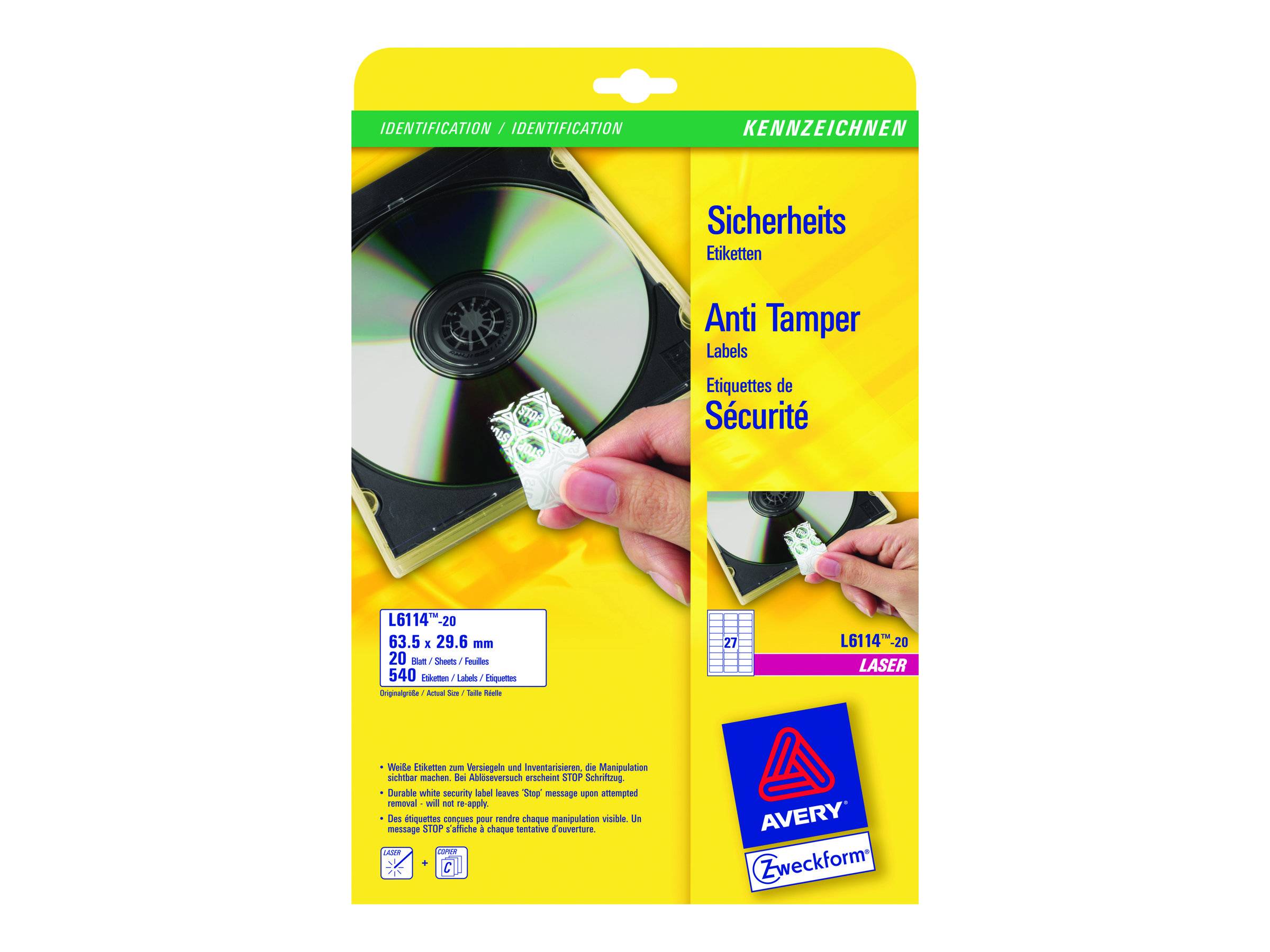 AVERY ZWECKFORM - Avery Anti-tamper Label - Polymer - weiß - 29.6 x 63.5 mm 540 Stck. (20 Bogen x 27)