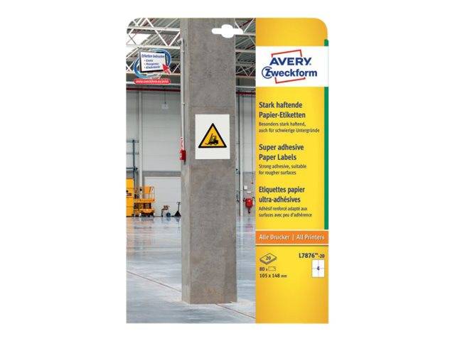 Avery Zweckform L7876 - Permanenter extra-starker Klebstoff - weiß - 100 x 148 mm 80 Etikett(en) (20 Bogen x 4)