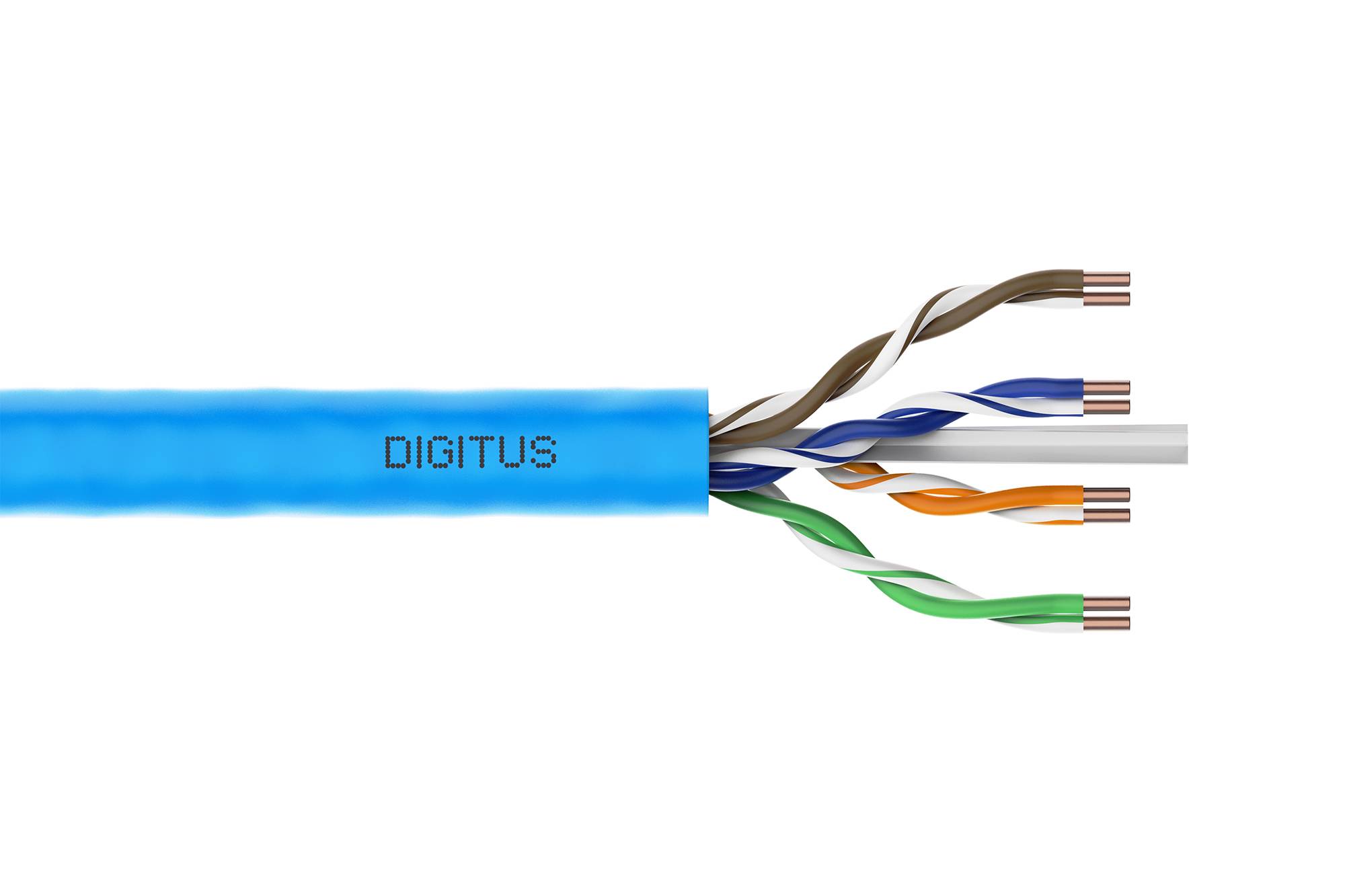 Abbildung eines blauen DIGITUS-Ethernet-Kabels mit vier freiliegenden verdrillten Drahtpaaren am geschnittenen Ende.