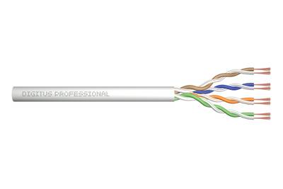 Abbildung eines CAT6-ähnlichen Ethernet-Kabels mit der Bezeichnung „DIGITUS PROFESSIONAL" mit freiliegenden verdrillten Adernpaaren am abgeschnittenen Ende.