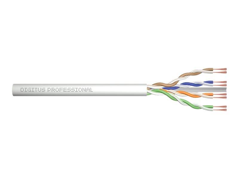 Querschnittsansicht eines weißen "DIGITUS PROFESSIONAL"" Ethernet-Kabels mit freiliegenden verdrehten farbigen Adernpaaren am Ende.