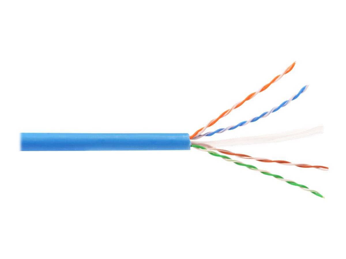 Blaues Ethernet-Kabel mit freiliegenden verdrillten Drahpaaren, zeigt vier farbcodierte Leiter auf weißem Hintergrund.