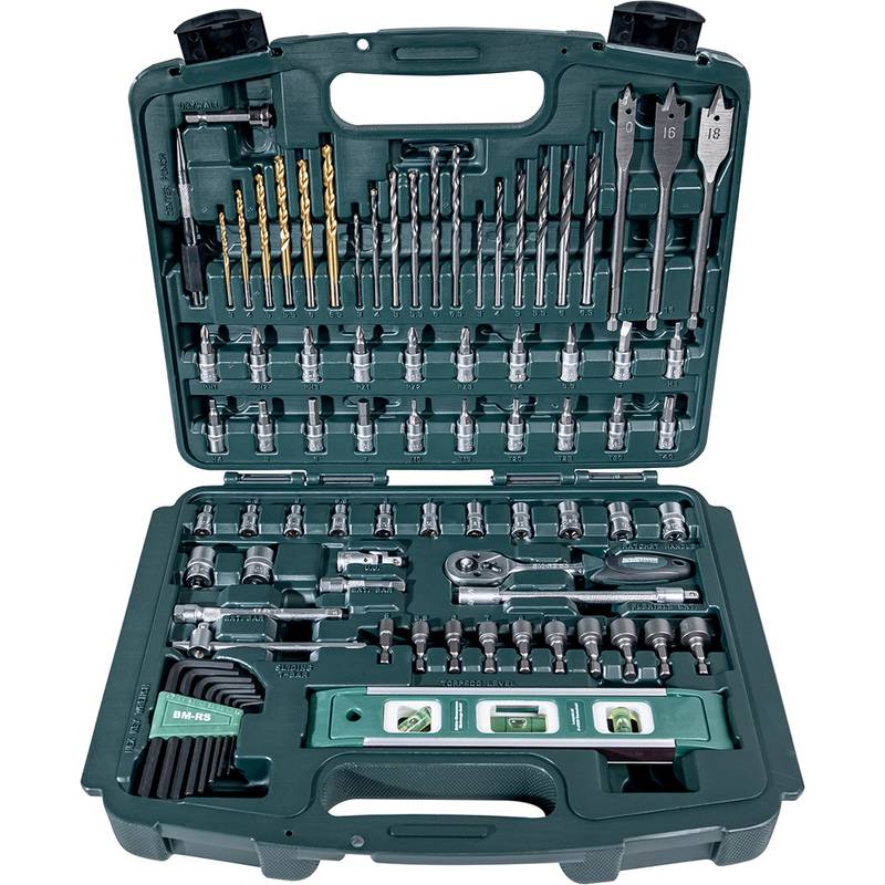 Ein grüner Plastikkoffer, der einen umfassenden Bohrersatz mit verschiedenen Größen, einen Ratsche, Steckschlüssel und ein Maßband enthält.